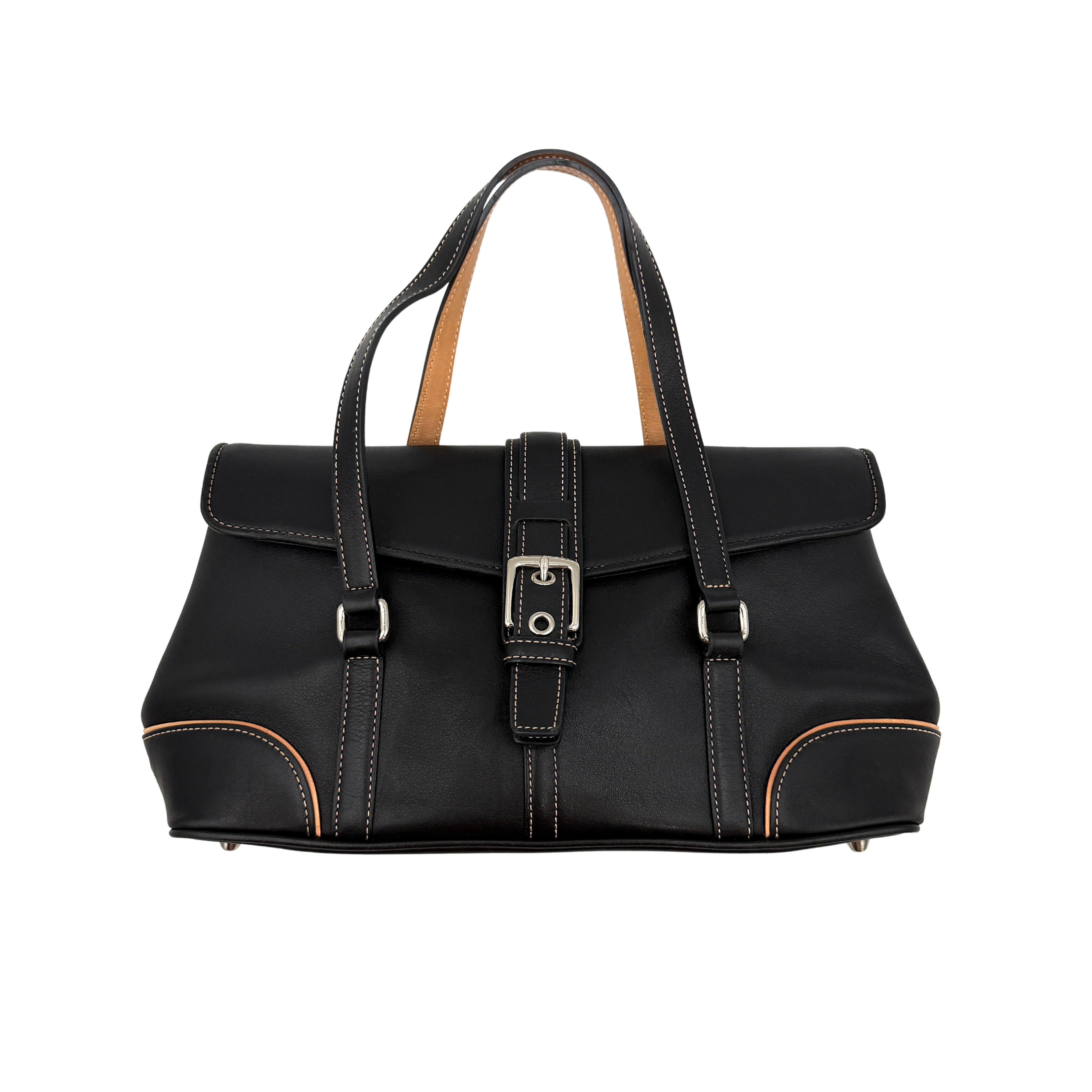 Coach Y2K Hampton black satchel shoulder bag with contrasting stitching, dual handles, and buckle closure