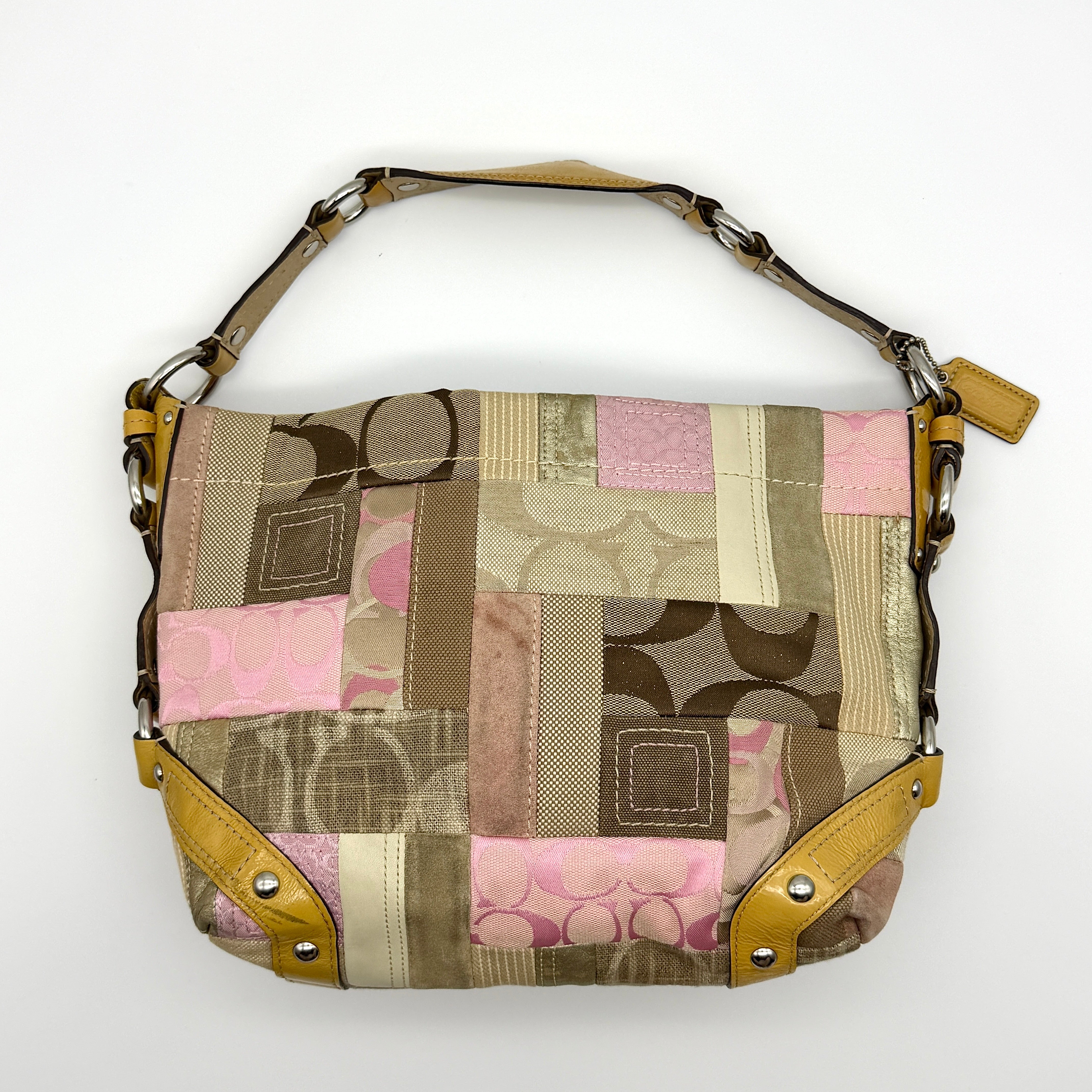 Coach Y2K Signature Carly Patchwork Preloved Luxury Shoulder Bag in beige and pink tones with mixed media texture and silver-tone hardware