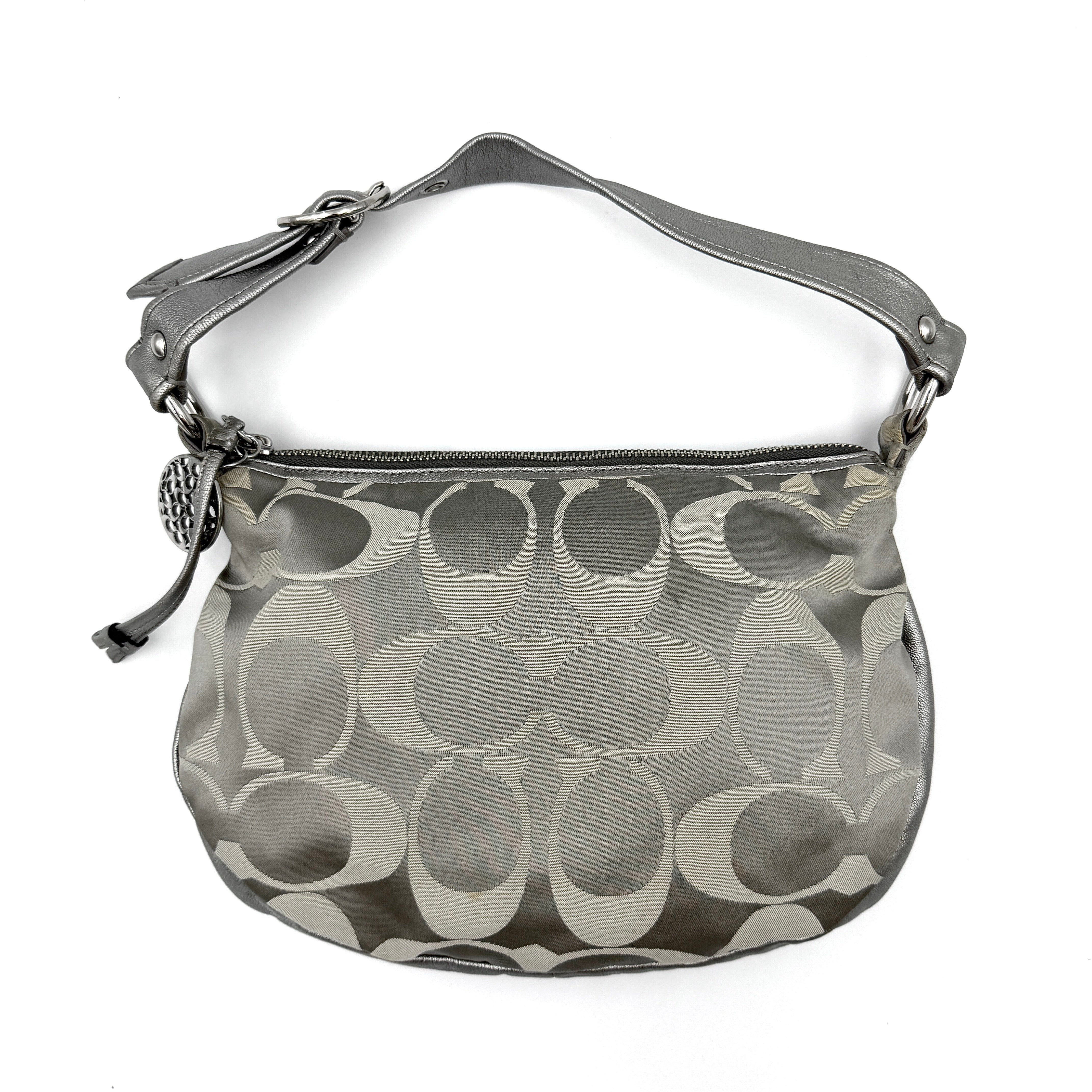Coach Y2K Signature Hobo Shoulder Bag in silver with classic Coach pattern and adjustable strap design