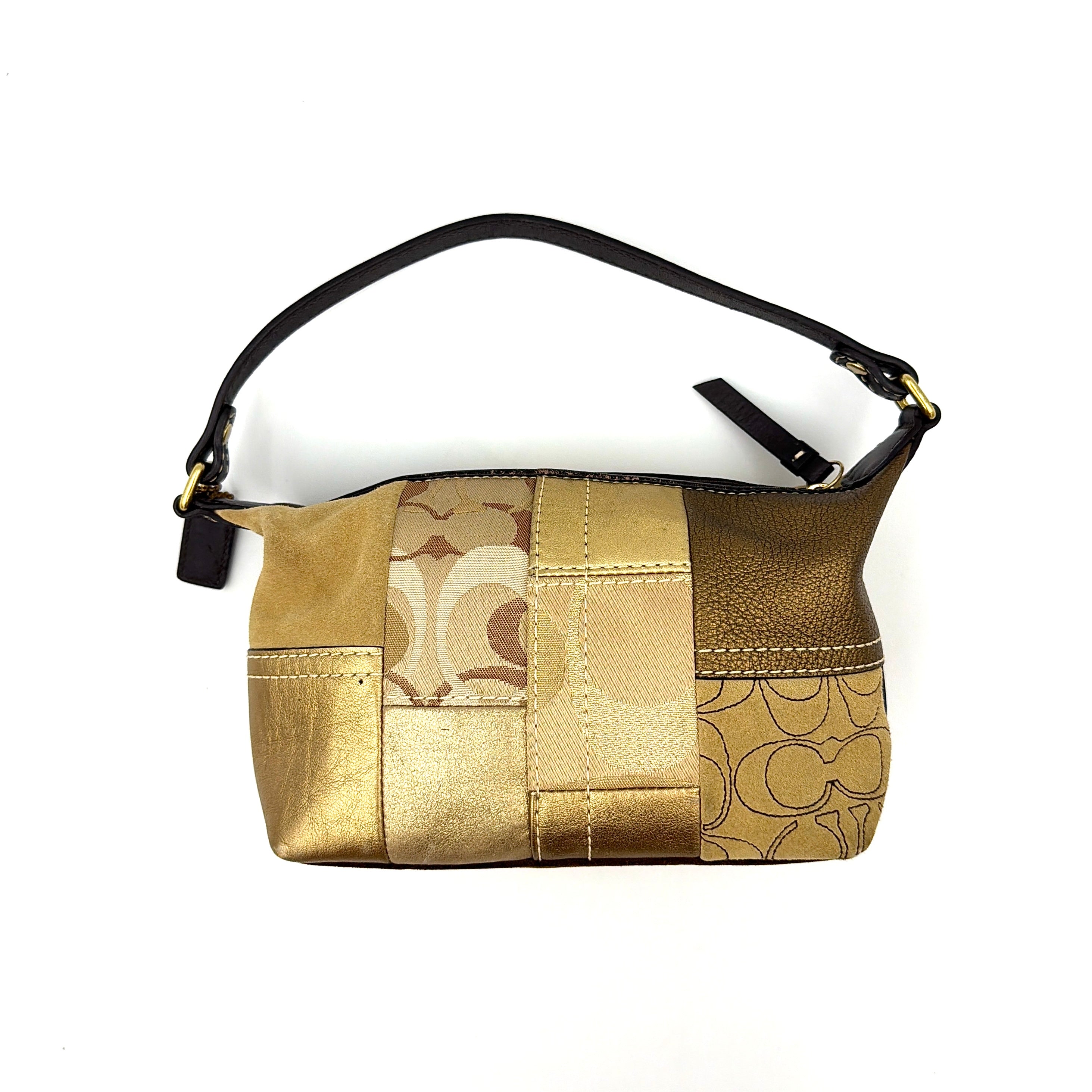 Coach Y2K Signature Mini Hobo Patchwork Shoulder Bag in gold with patchwork design and dark strap.