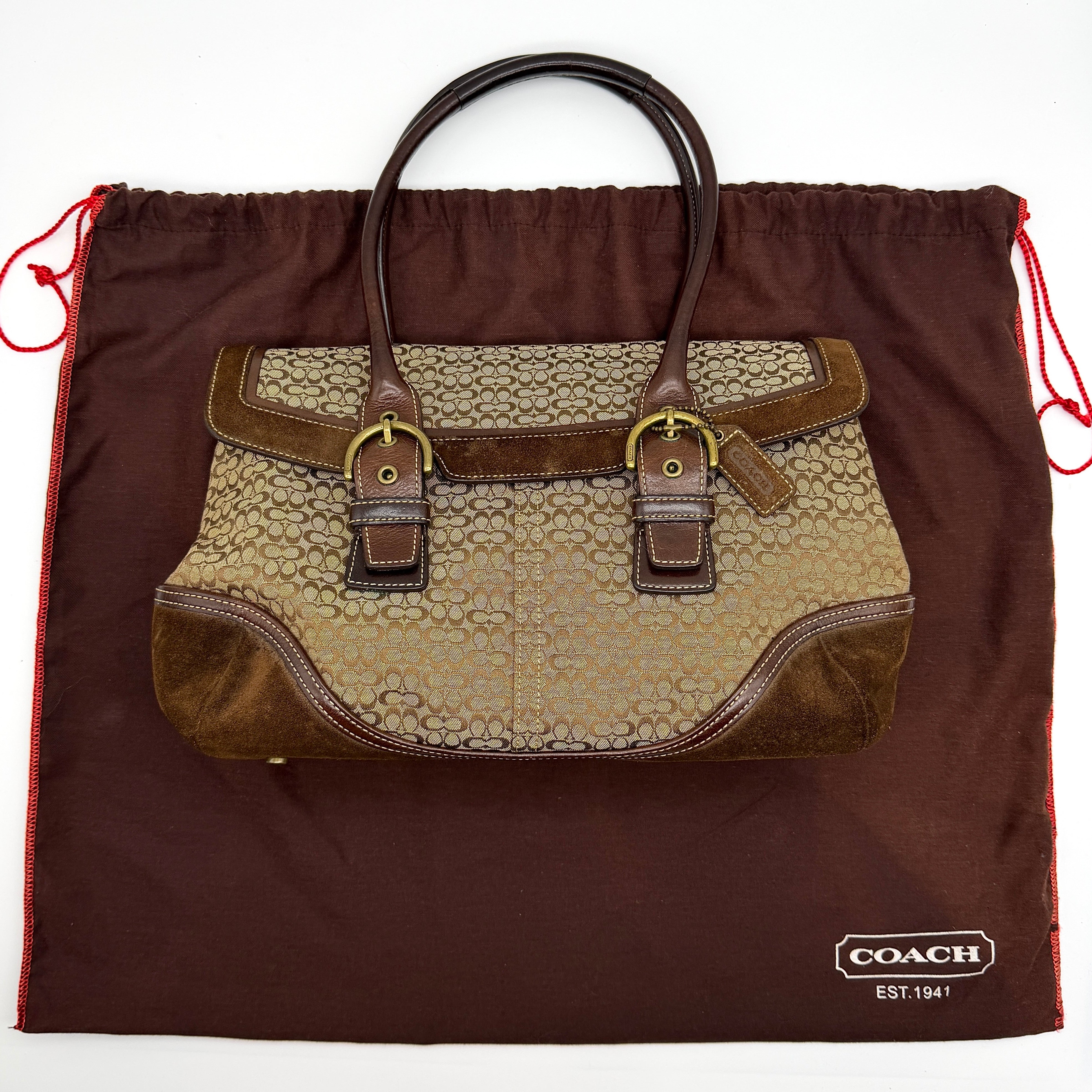 Coach Y2K Signature Soho Hampton Preloved Luxury Satchel Shoulder Bag in brown jacquard with suede trim and gold-tone hardware.