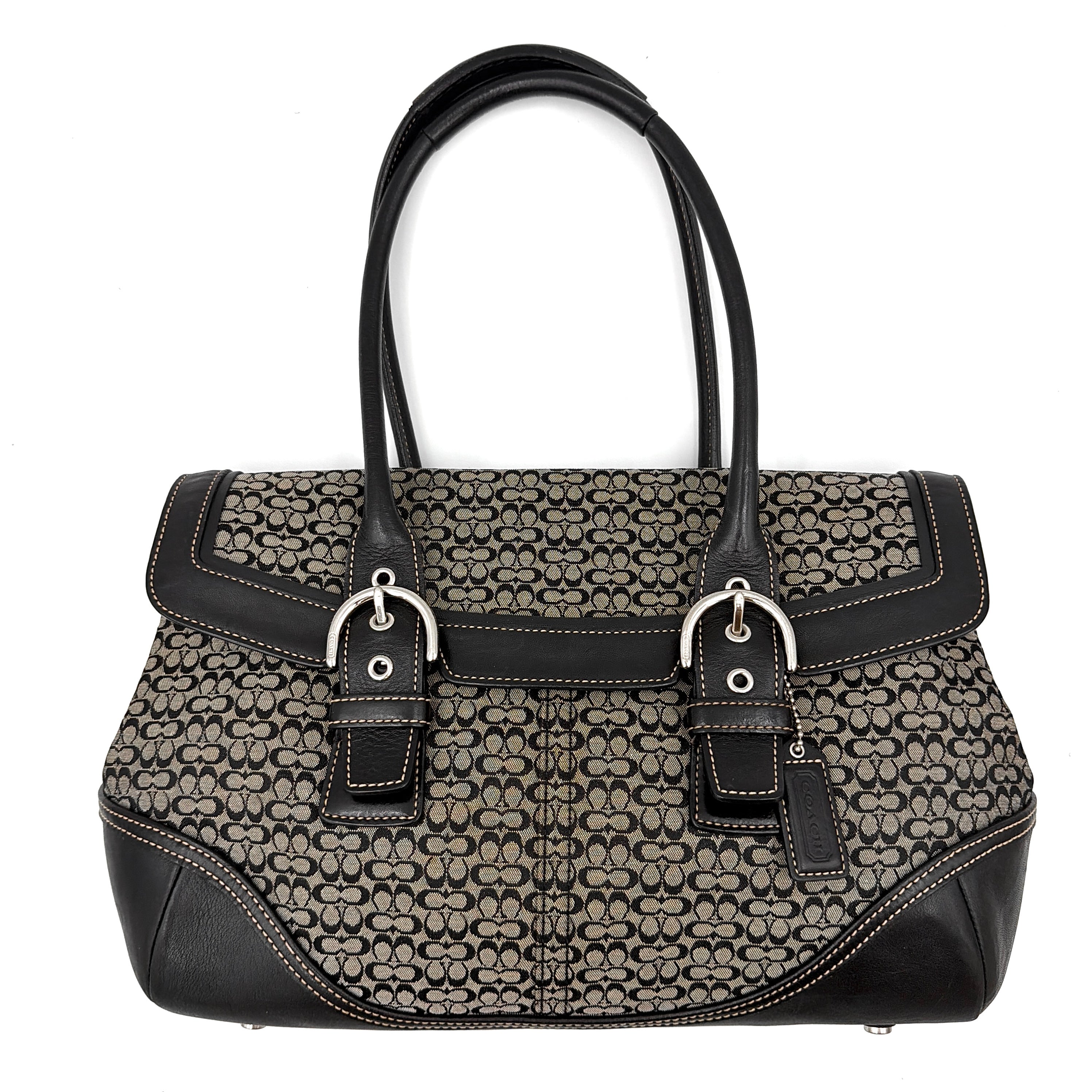 Coach Soho Hampton Satchel shoulder bag in grey and black with signature pattern, dual buckles, and leather trim