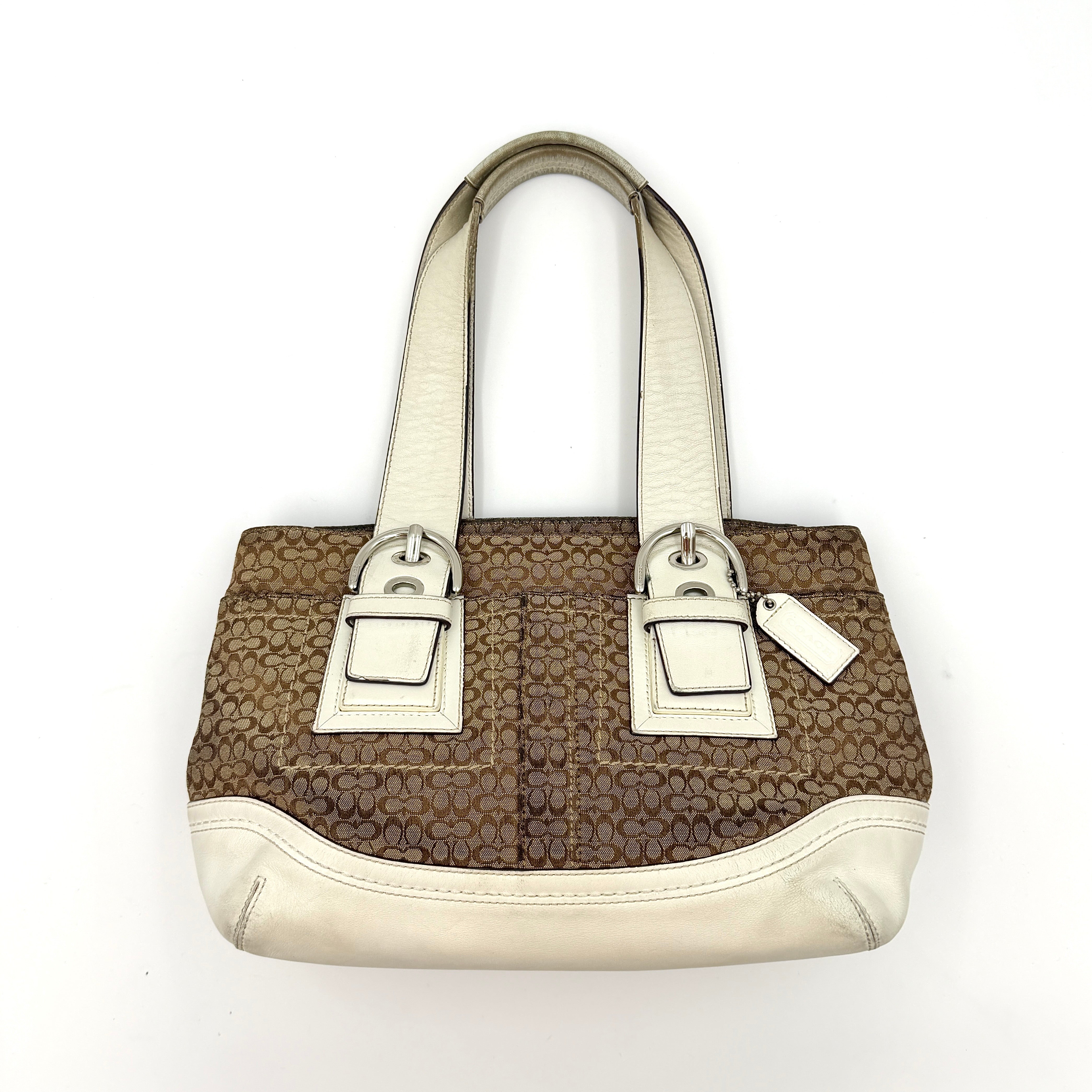 Coach Y2K Soho Double Buckle Shoulder Bag in beige signature jacquard with white leather trim and silver-tone hardware.