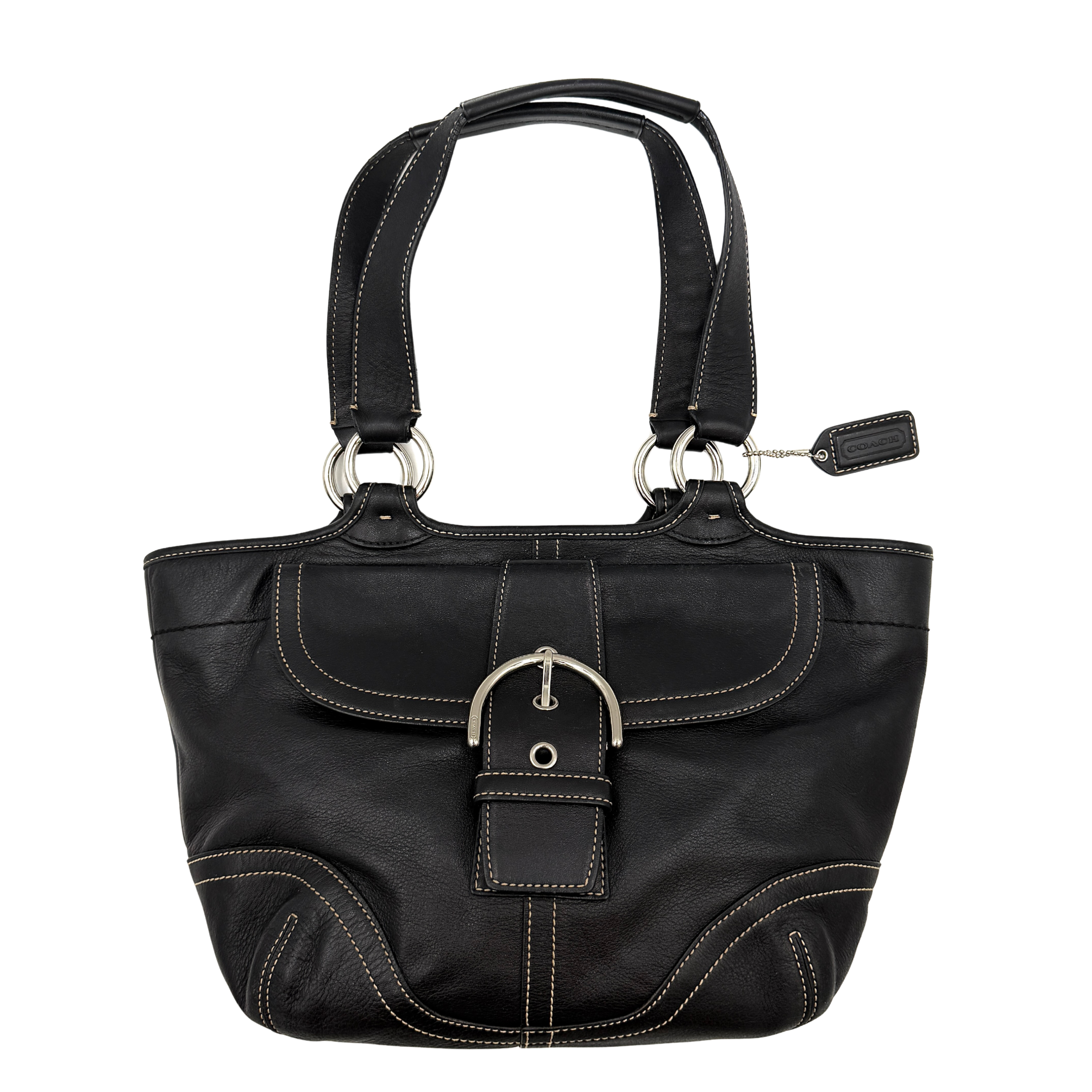 Coach Y2K Soho shoulder bag in black leather with contrast stitching and silver-tone buckle-front detail, shown with double handles and close-up hardware.