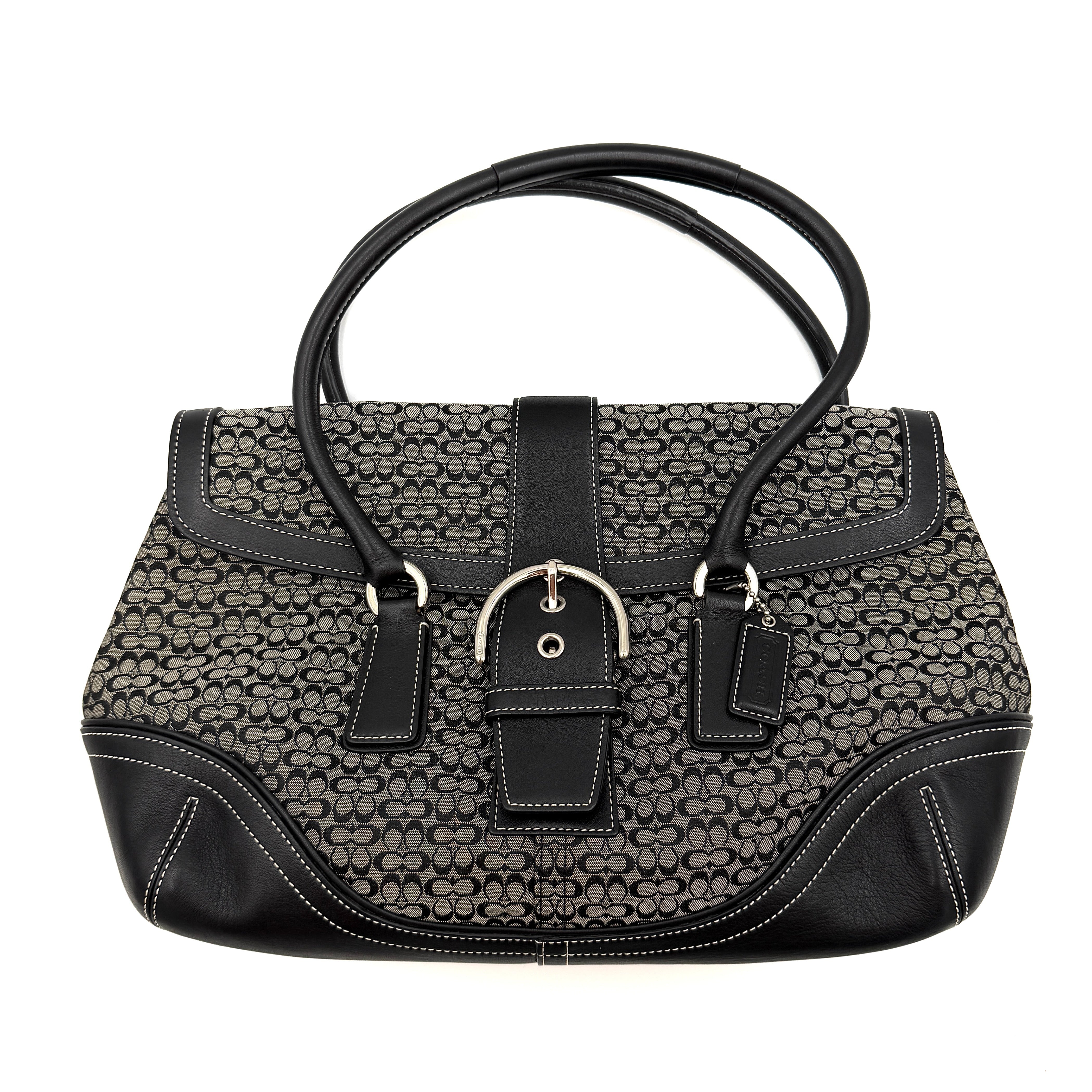 Coach Y2K Soho Shoulder Bag in grey signature jacquard with black leather trim and silver-tone buckle, pre-loved luxury.