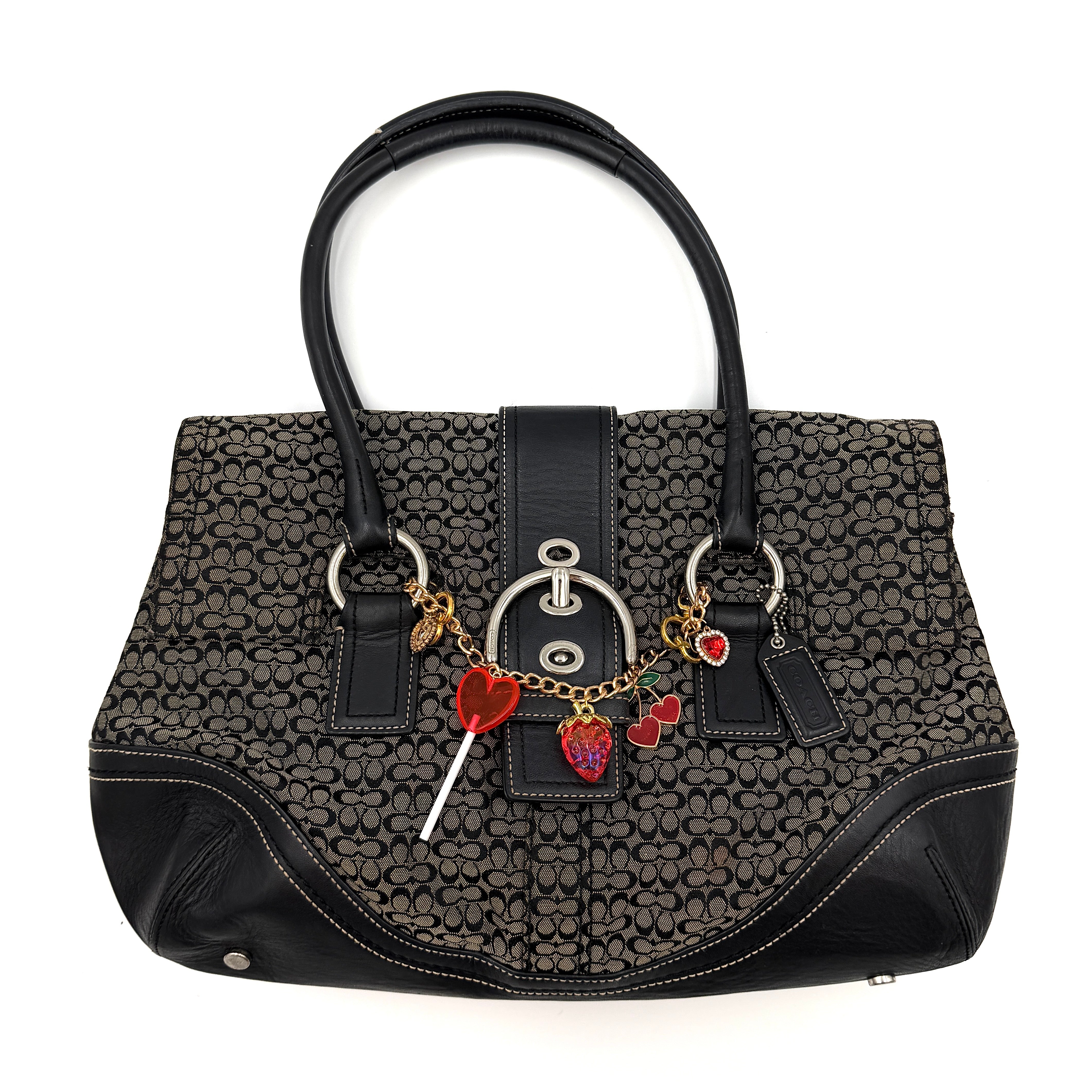 Coach Y2K Soho Shoulder Bag in grey and black signature jacquard with black leather trim, silver hardware, and decorative charm chain, pre-loved luxury.