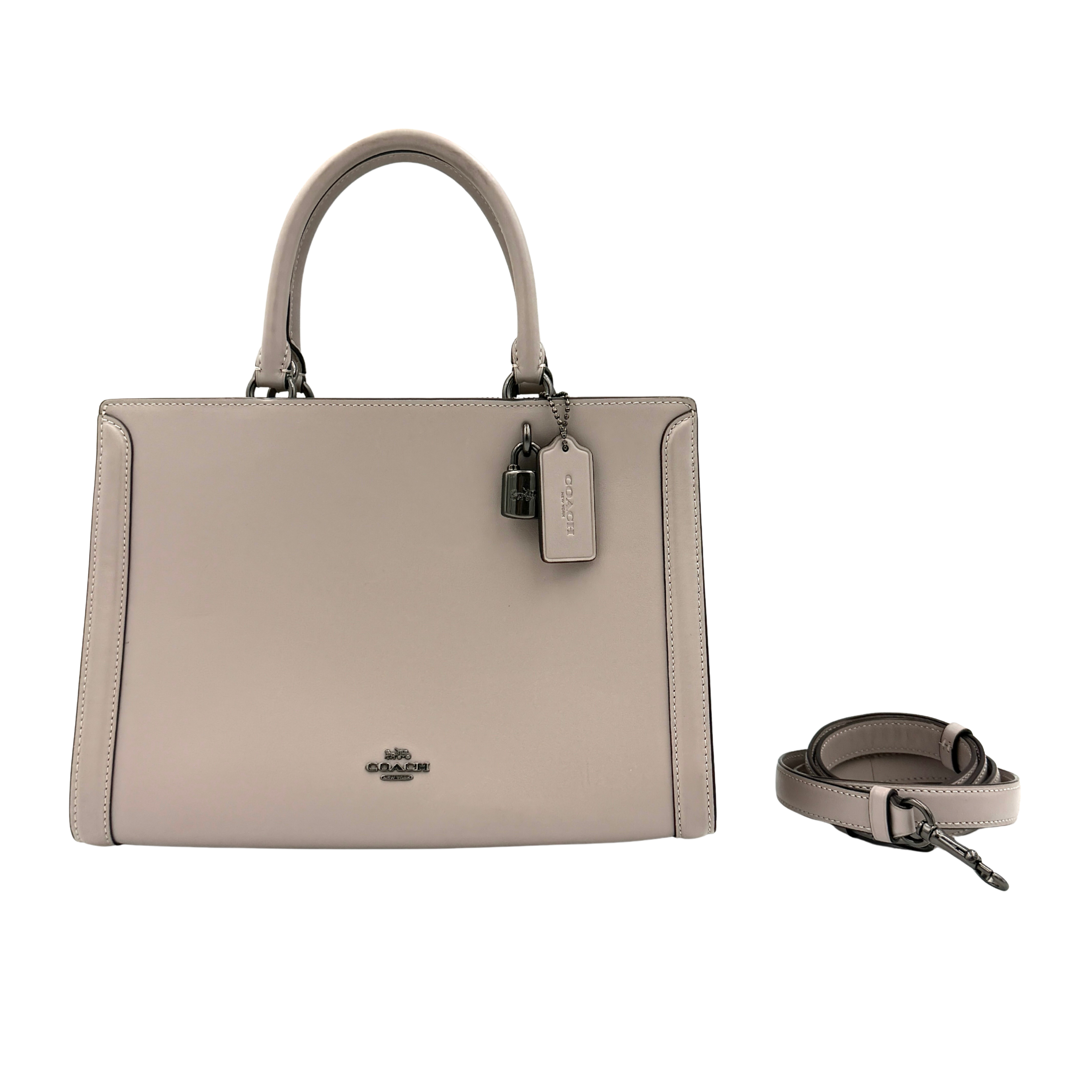 Coach Zoe Carryall handbag in grey with dual top handles, optional shoulder strap, and minimal logo detail