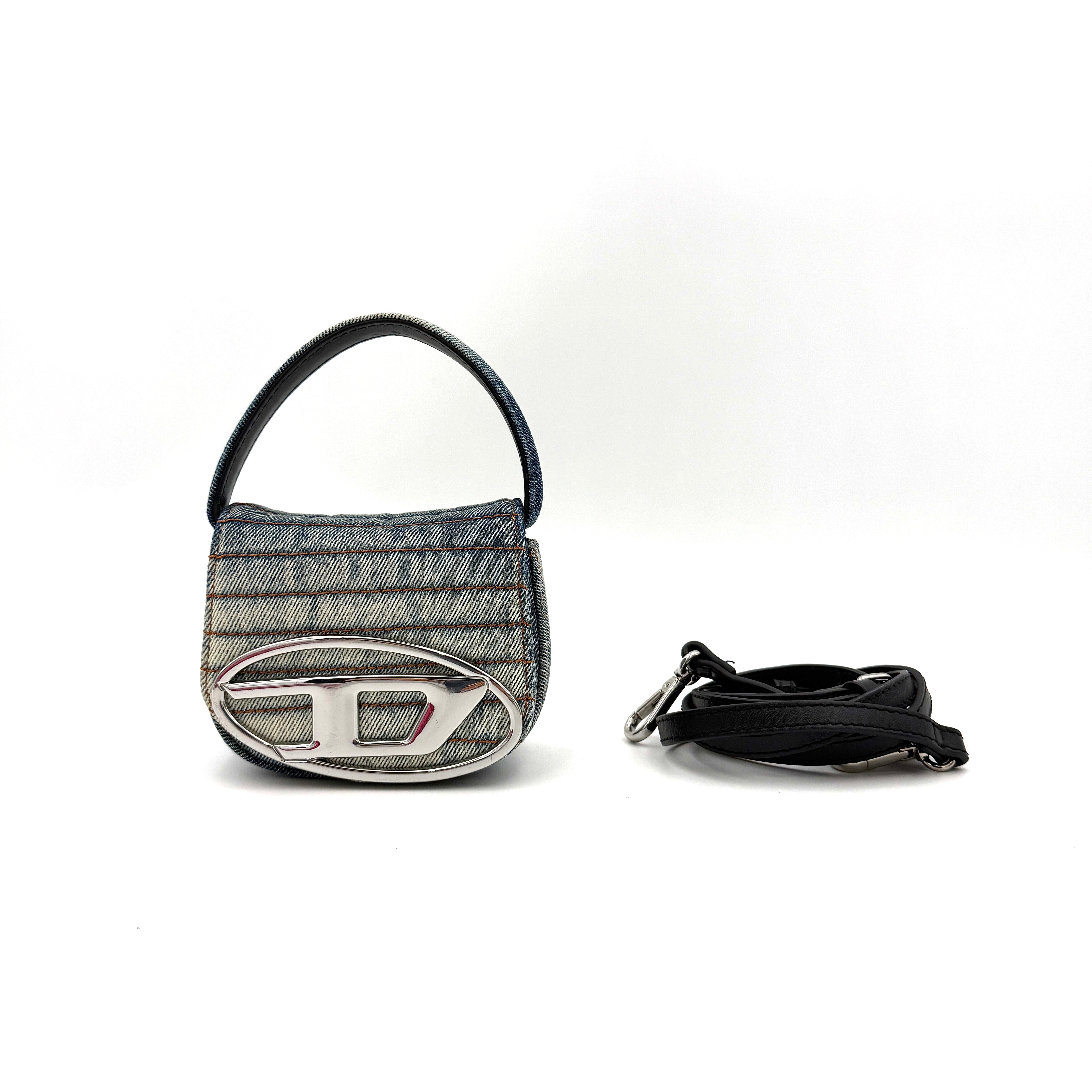 Diesel 2Way 1DR-XS Mini Bag Washed Denim with silver Oval D logo hardware and detachable strap