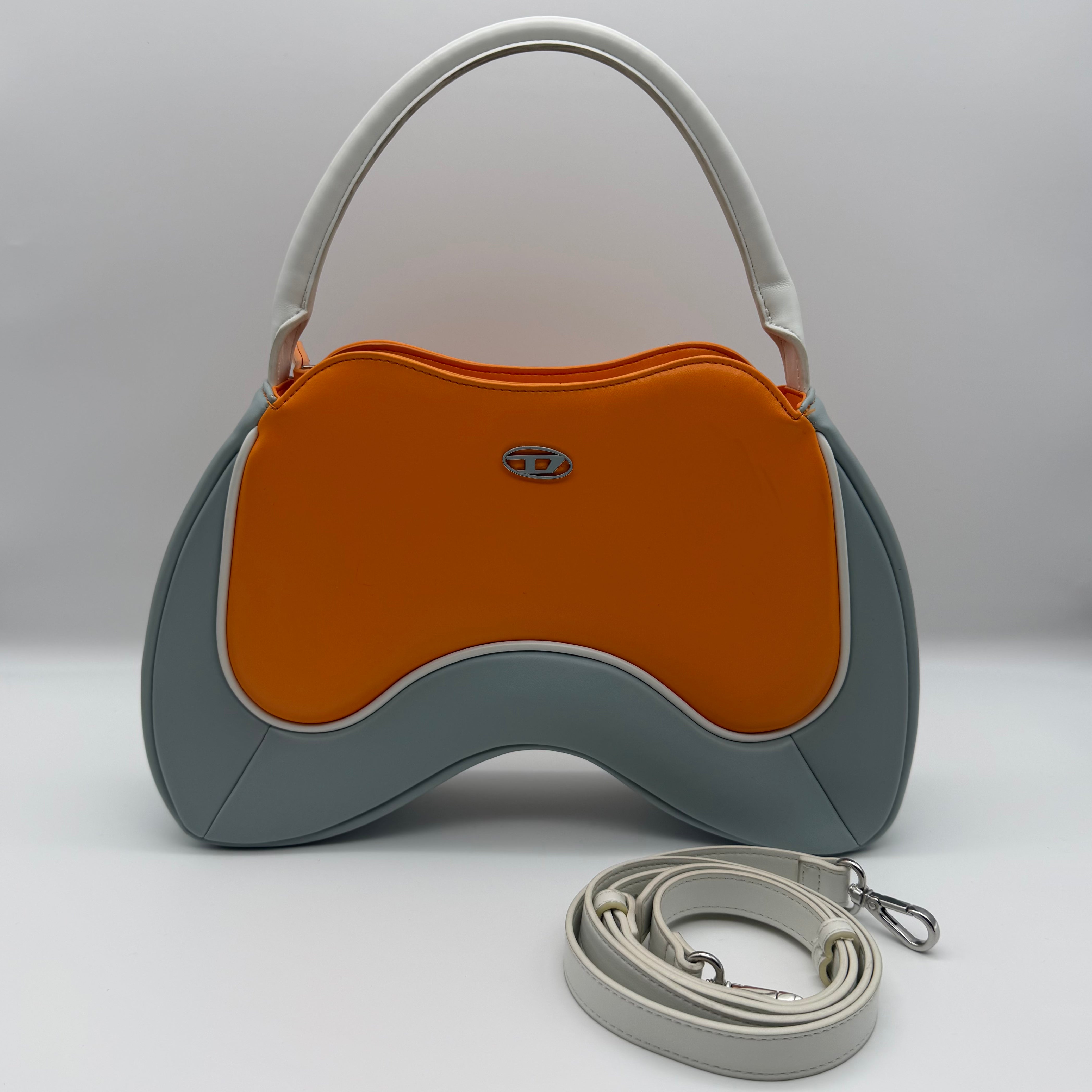 Diesel 2-Way Mini Autre Marque Shoulder Bag in orange and grey with silver-tone hardware and detachable white strap.