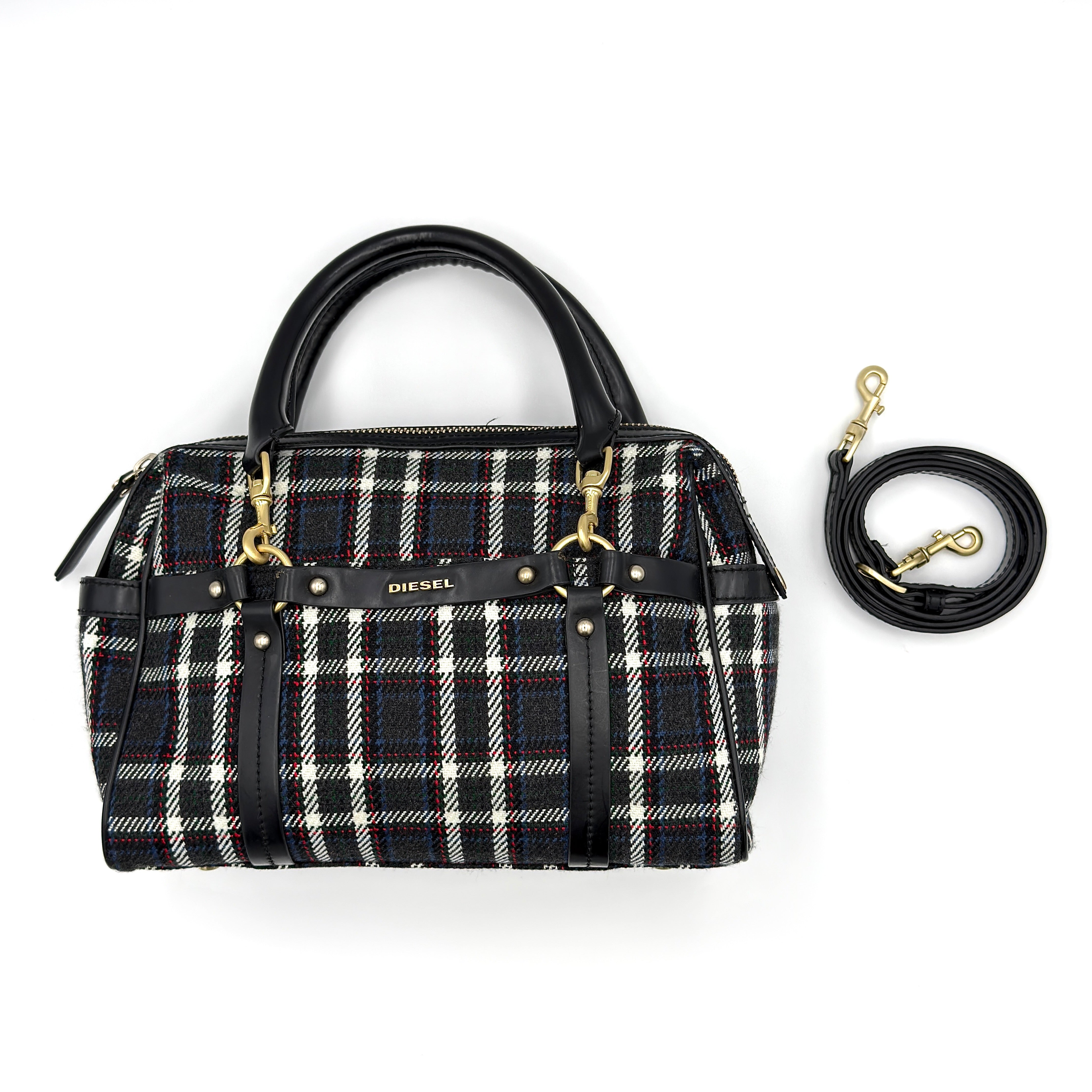Diesel 2Way Tartan Plaid Handbag in multicolor wool-blend fabric with leather trim, gold-tone hardware, and detachable shoulder strap.