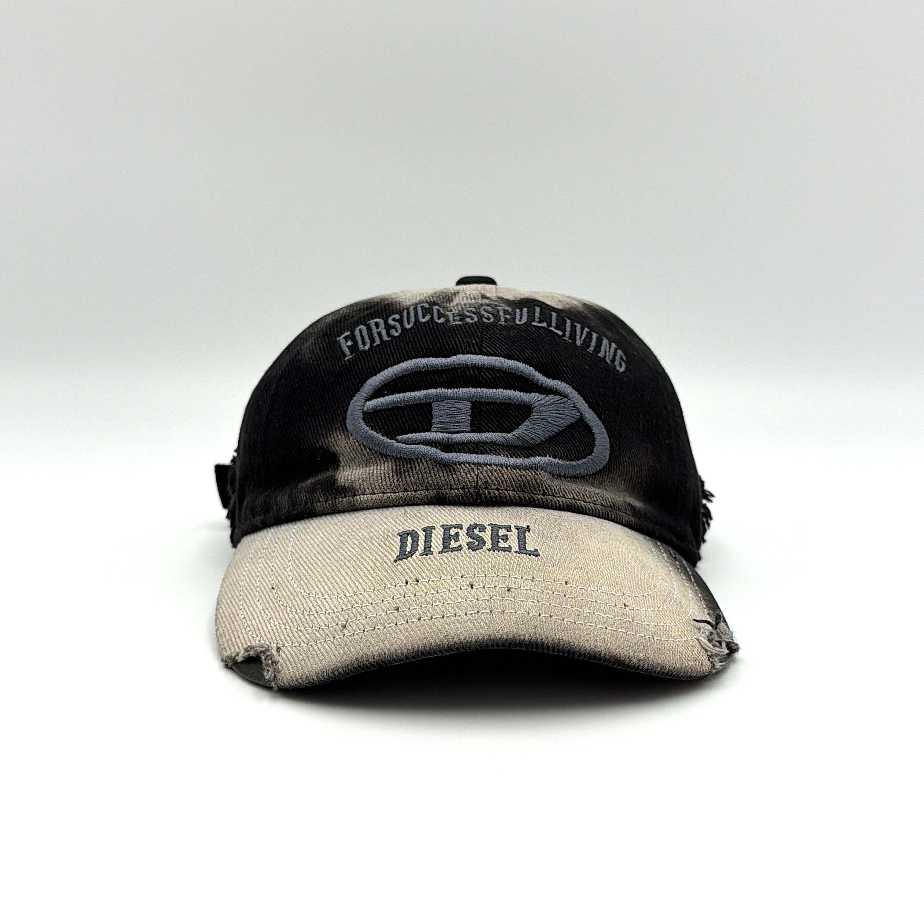 Diesel C-OLTON-BLACK-D Baseball Cap in black and beige cotton with distressed details and embroidered Diesel logos
