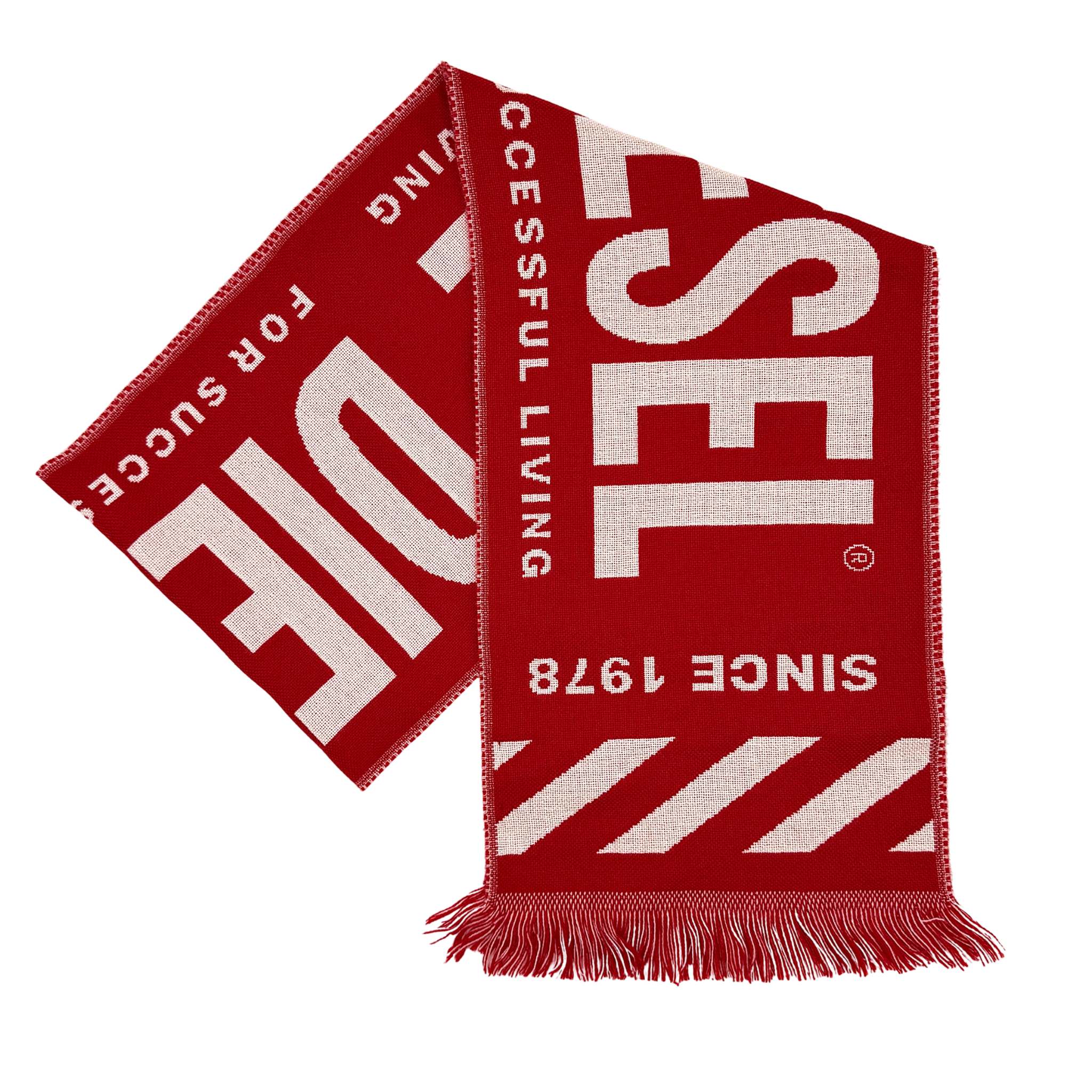 Diesel S-BISC-NEW wool scarf in red and white featuring oversized graphic logo text, diagonal detailing, and fringe ends.