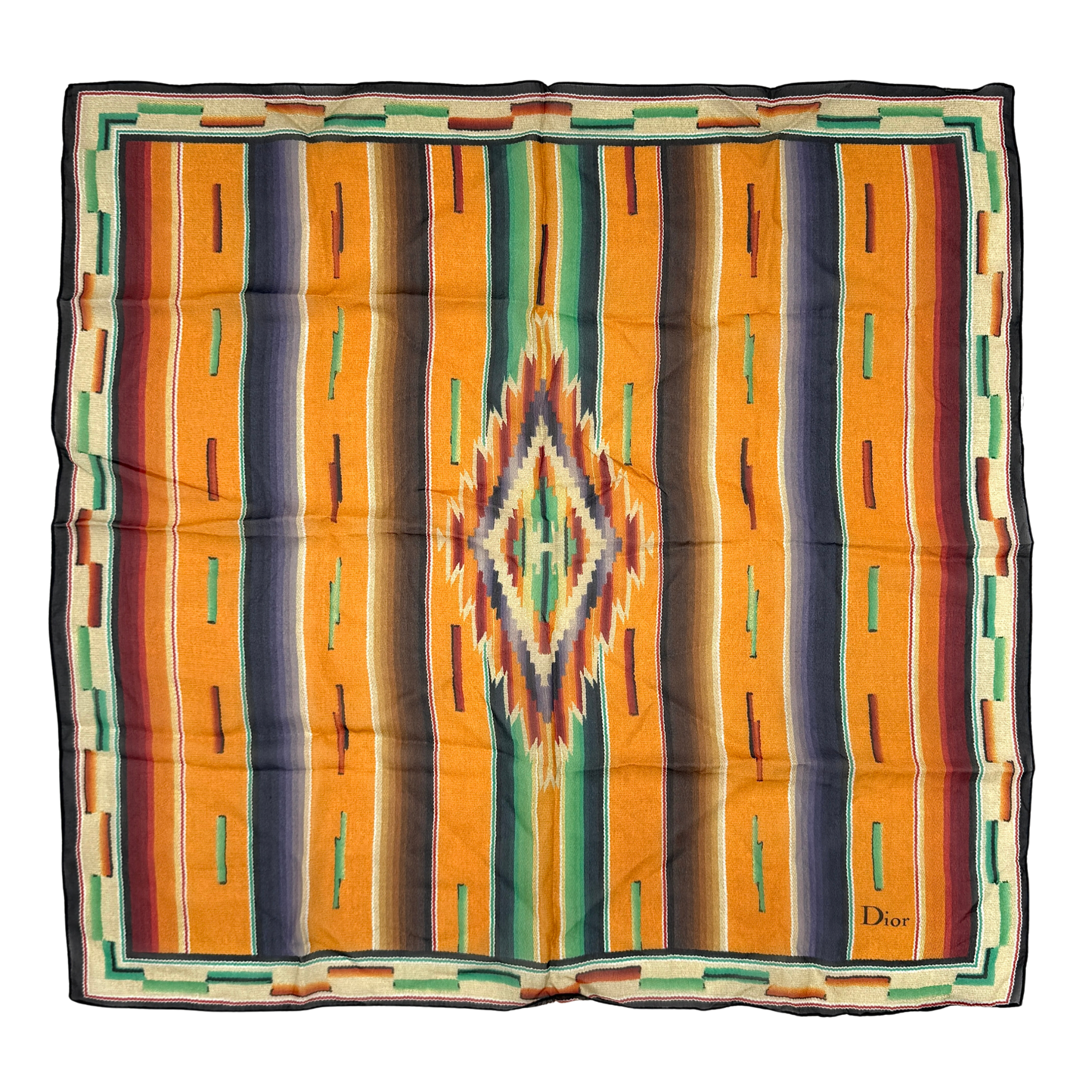 Dior multicolor Aztec patterned silk scarf, showcasing intricate geometric designs and vibrant colors.