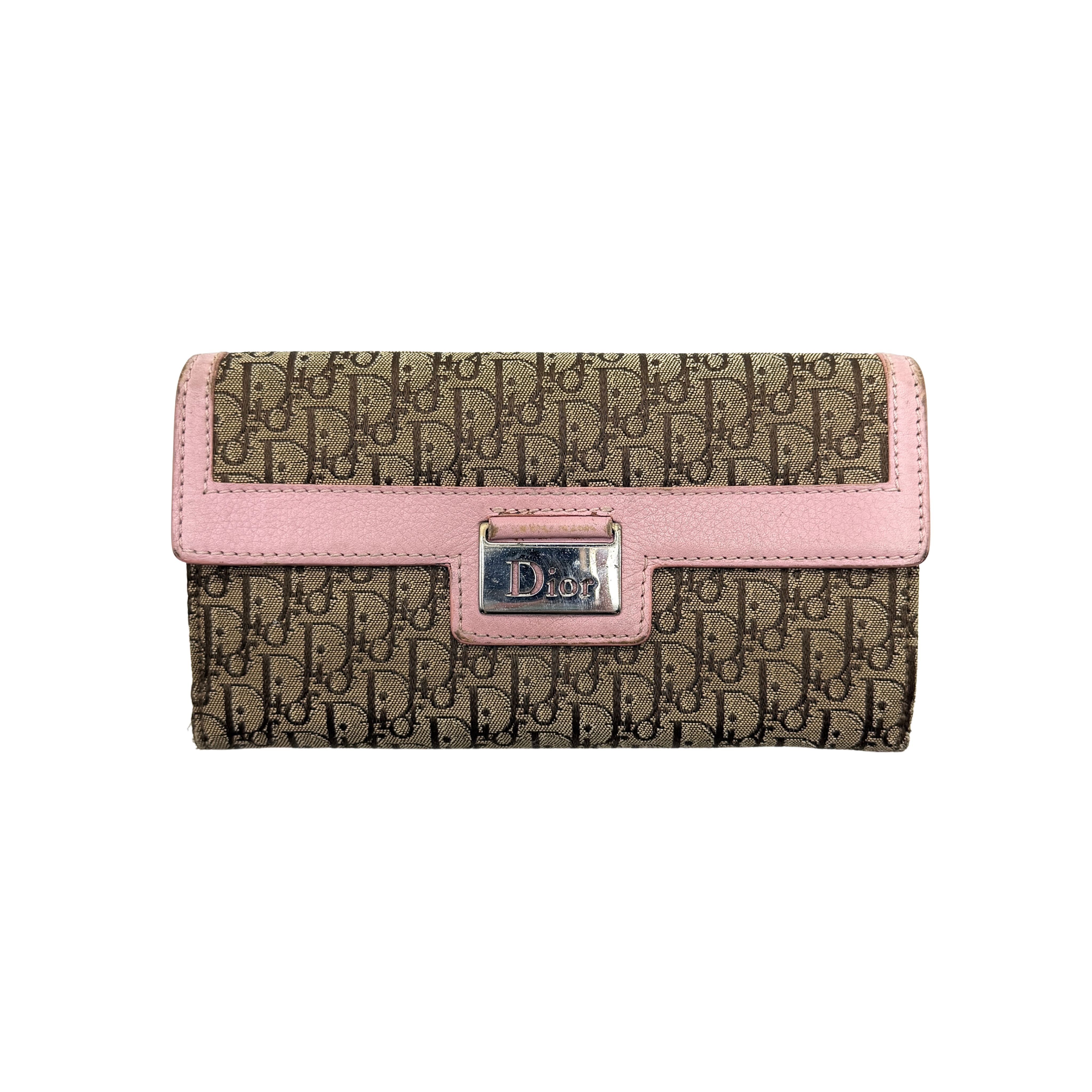 Dior Bi-Fold Long Wallet in beige monogram canvas with pink leather trim and silver-tone Dior plaque.
