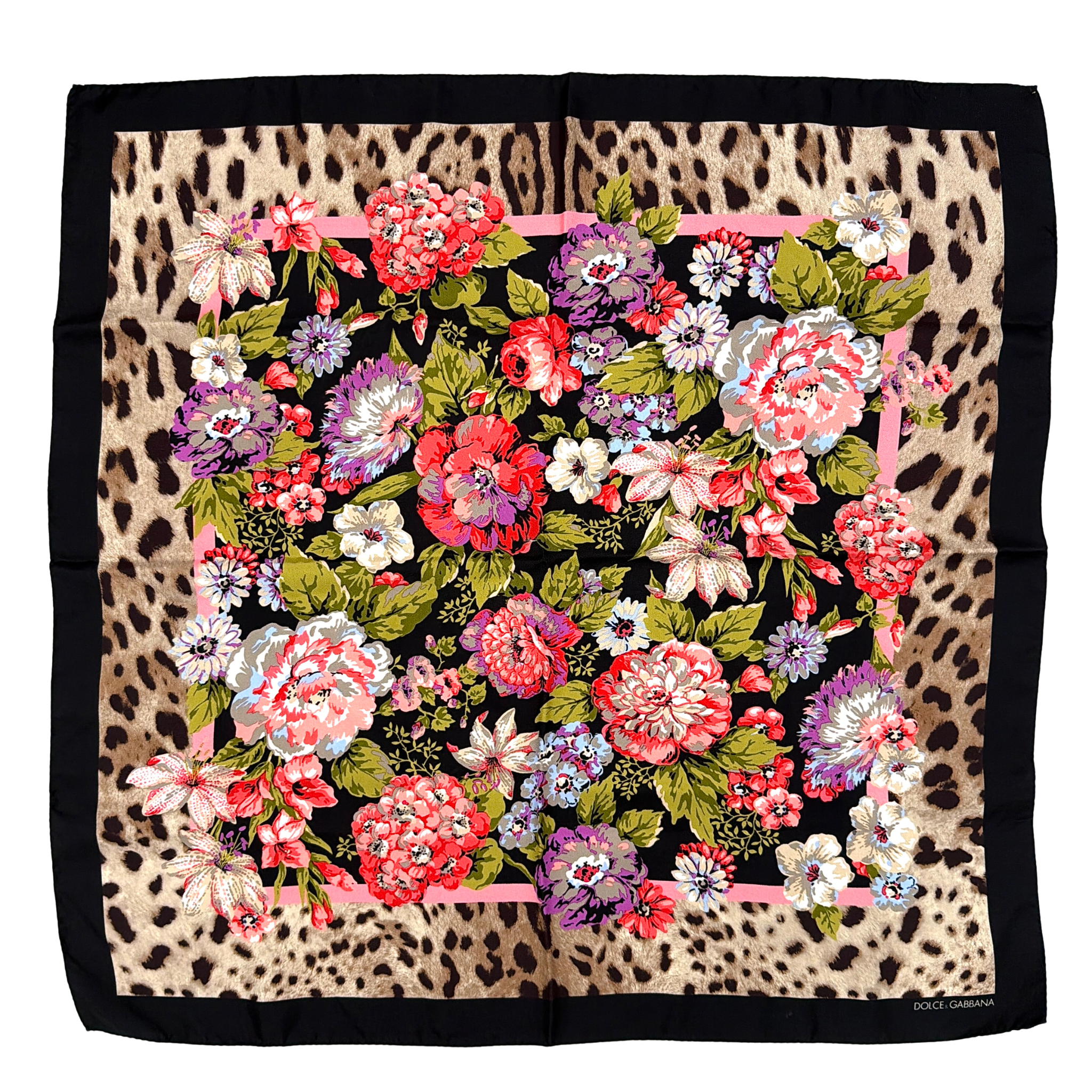 Dolce & Gabbana silk scarf with multicolor floral print center and leopard print border, finished with a black frame and brand label detail.