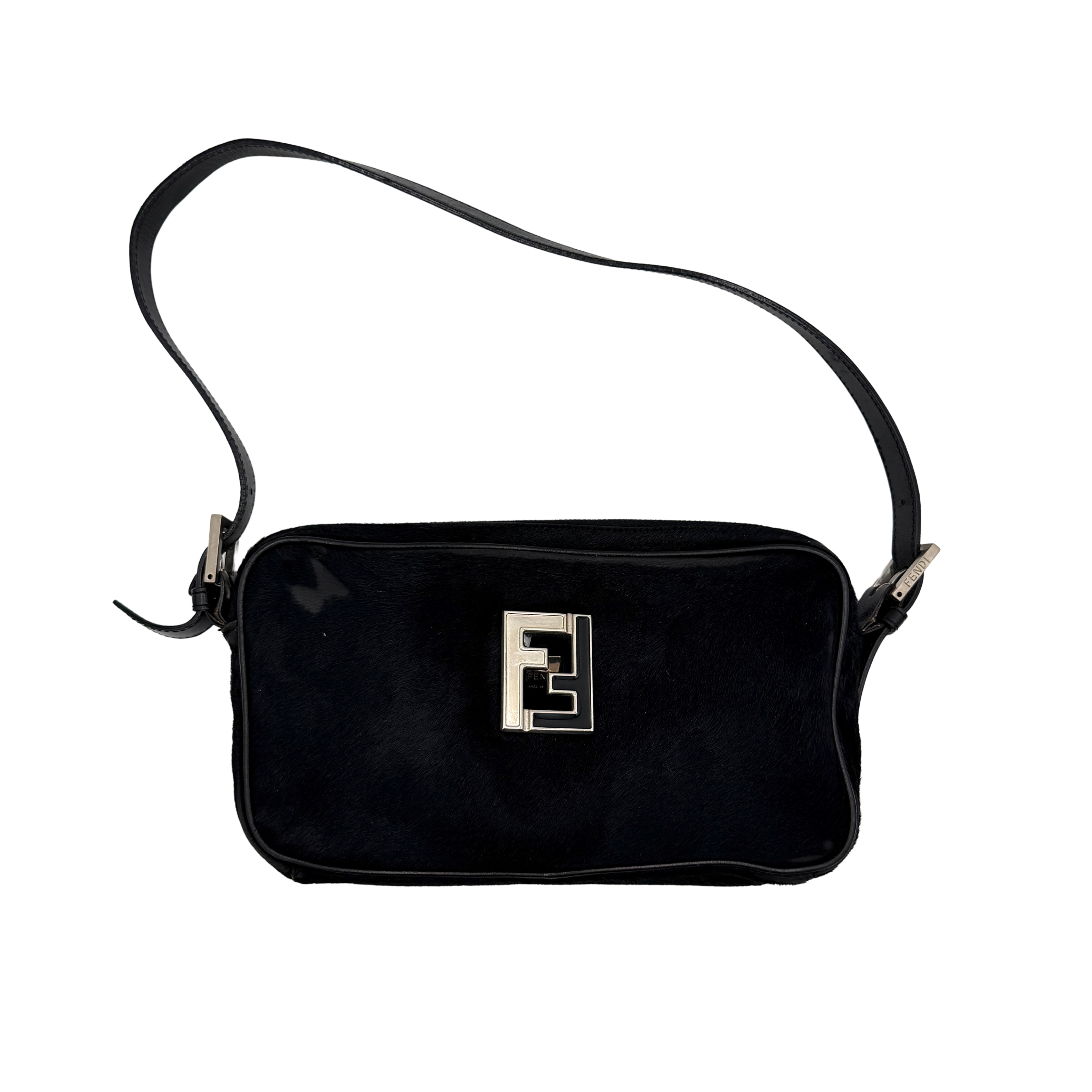 Fendi FF logo shoulder bag in black featuring pony hair exterior, silver-tone FF logo plaque, and compact rectangular shape