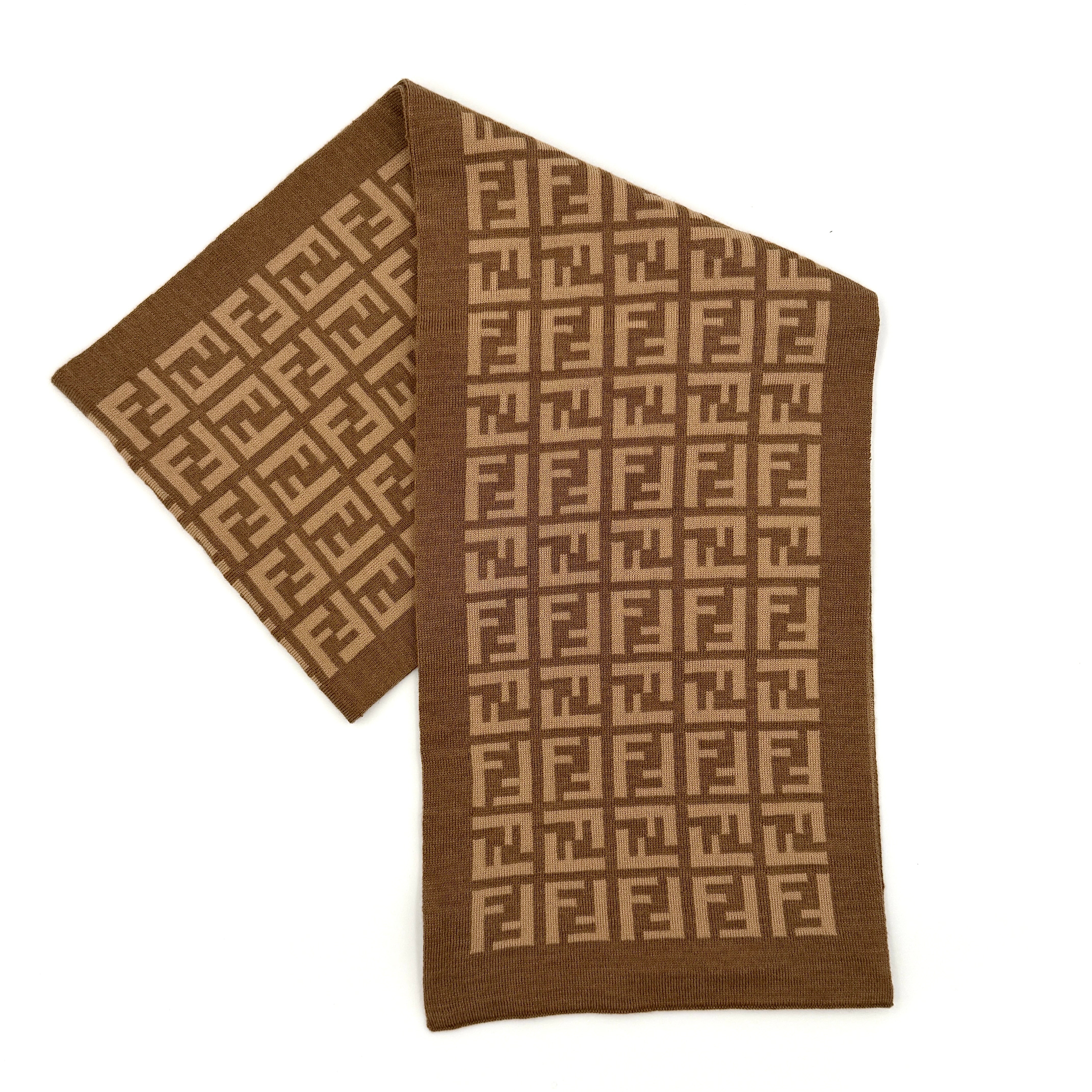 Fendi FF Wool Scarf Brown Beige featuring the iconic FF monogram pattern in woven wool.