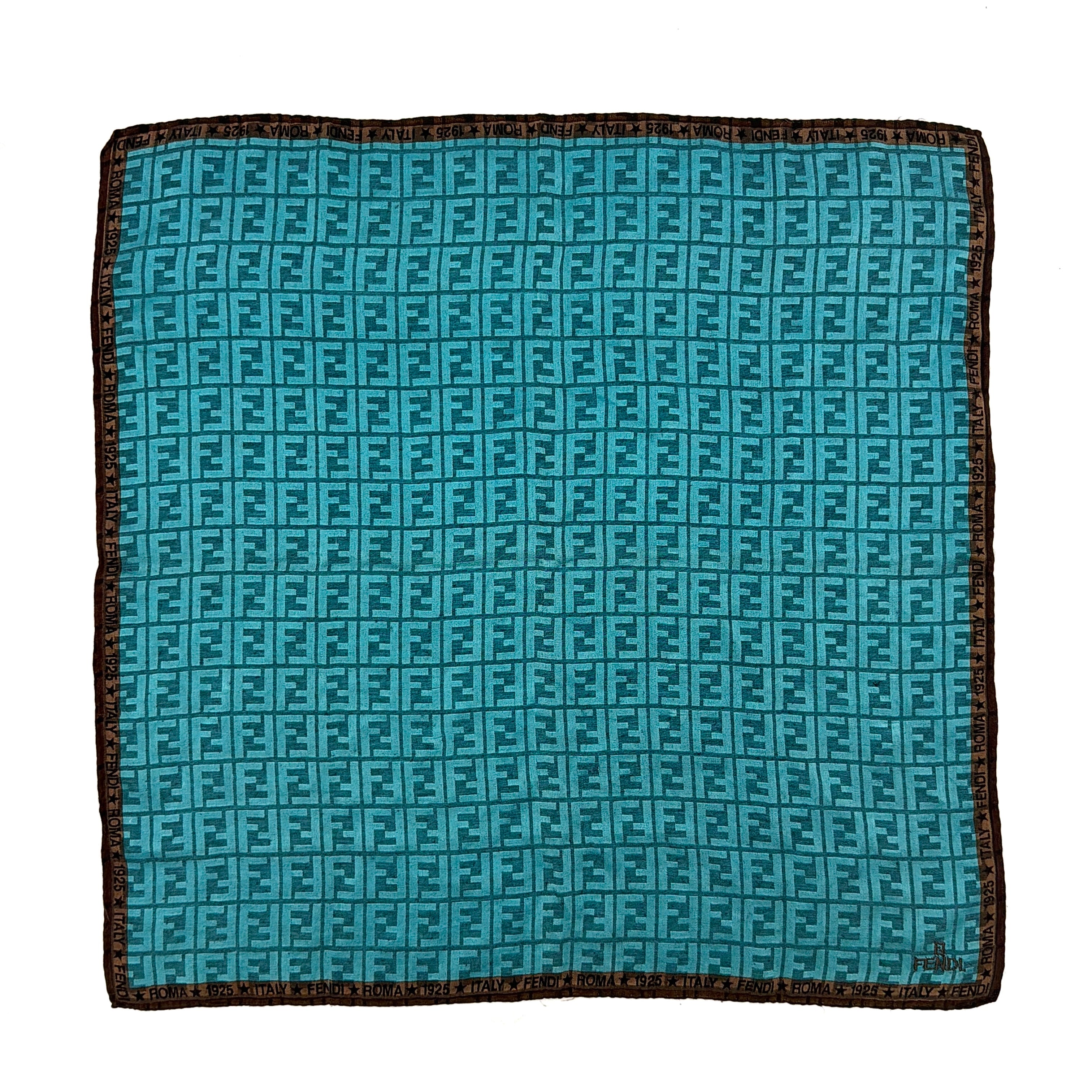 Fendi FF Zucca monogram silk scarf in aqua and brown with repeating logo pattern and branded border.