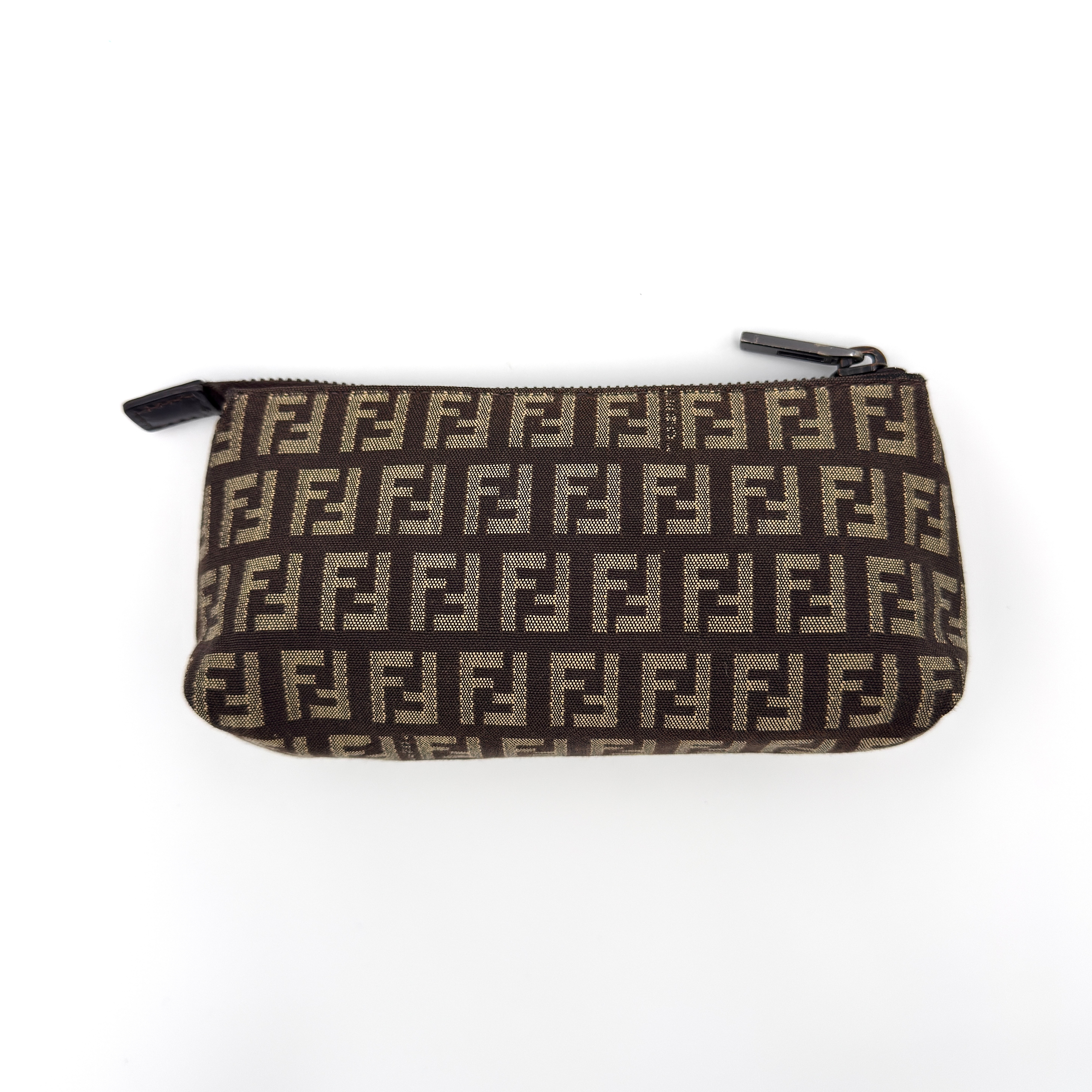 Fendi FF Zucca Pouch Brown, crafted in monogram canvas with a top zip closure and compact silhouette.
