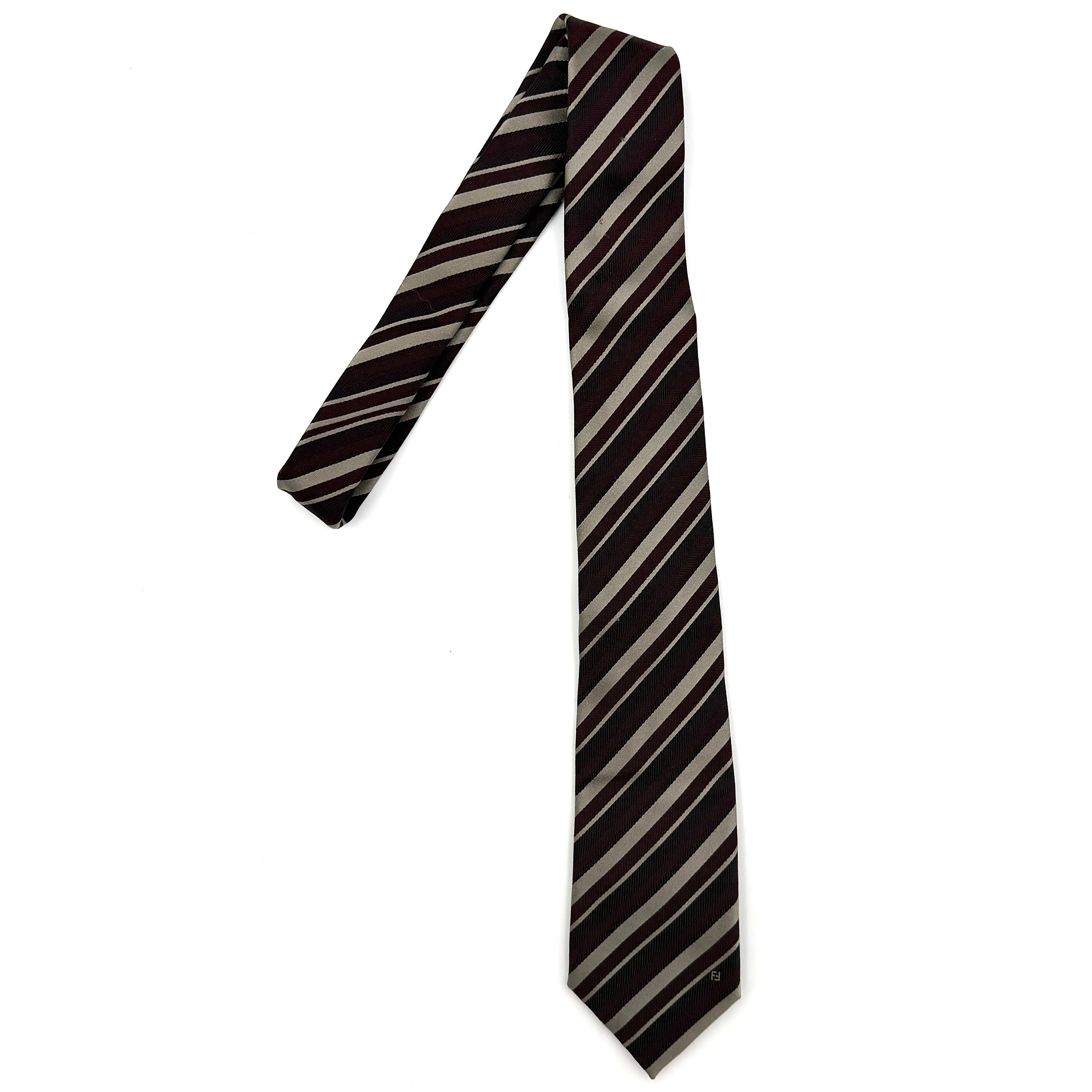 Fendi striped silk tie in maroon featuring diagonal stripe detailing and a refined woven finish.
