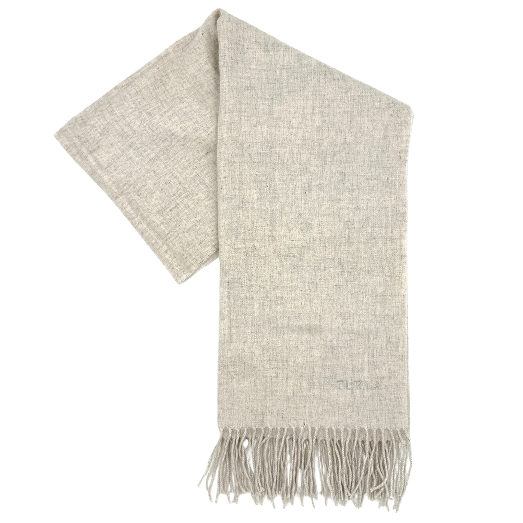 Furla grey wool scarf featuring a subtle woven texture and fringe detailing at the edges