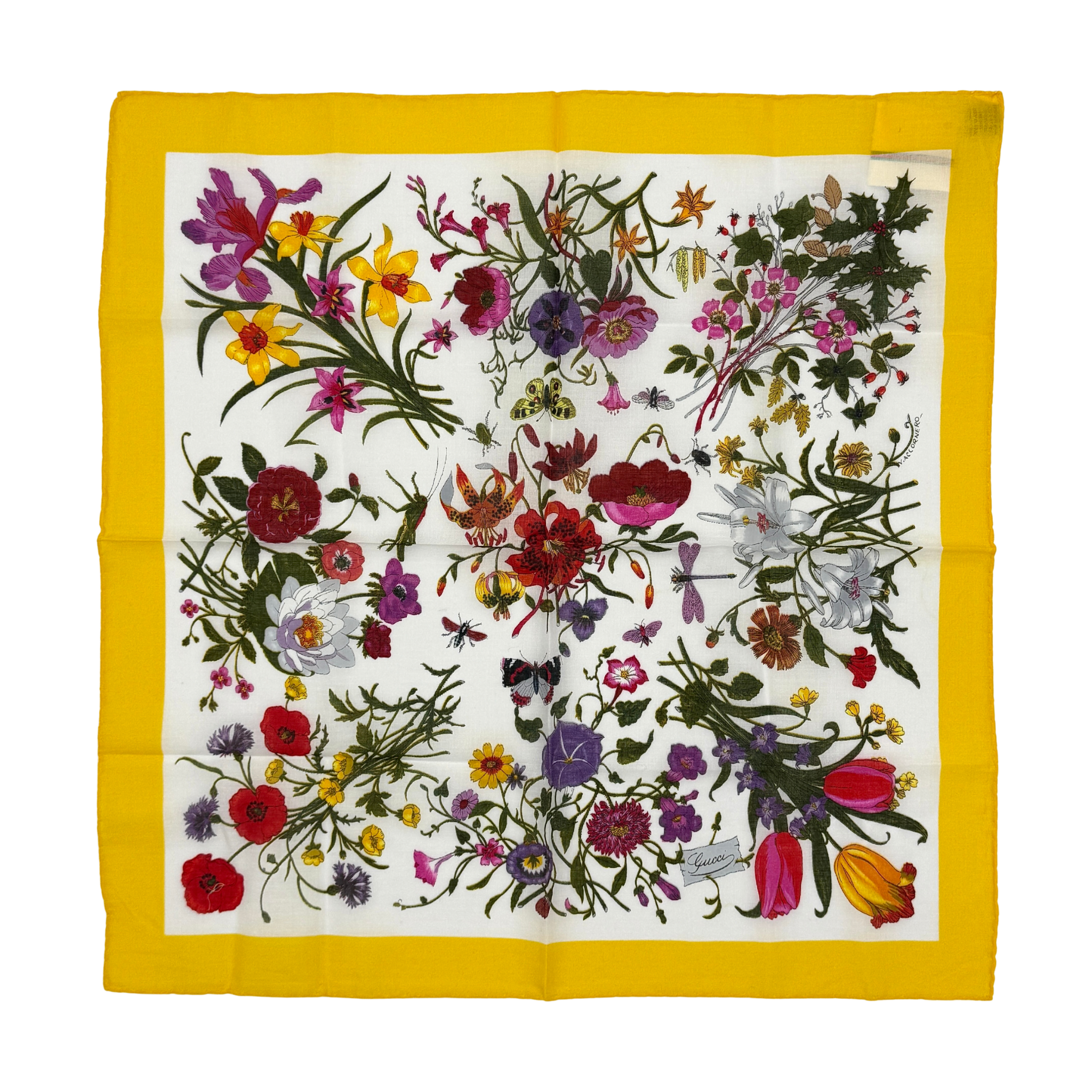 Gucci Flora silk scarf in yellow with a multicolored floral pattern and bold botanical motifs