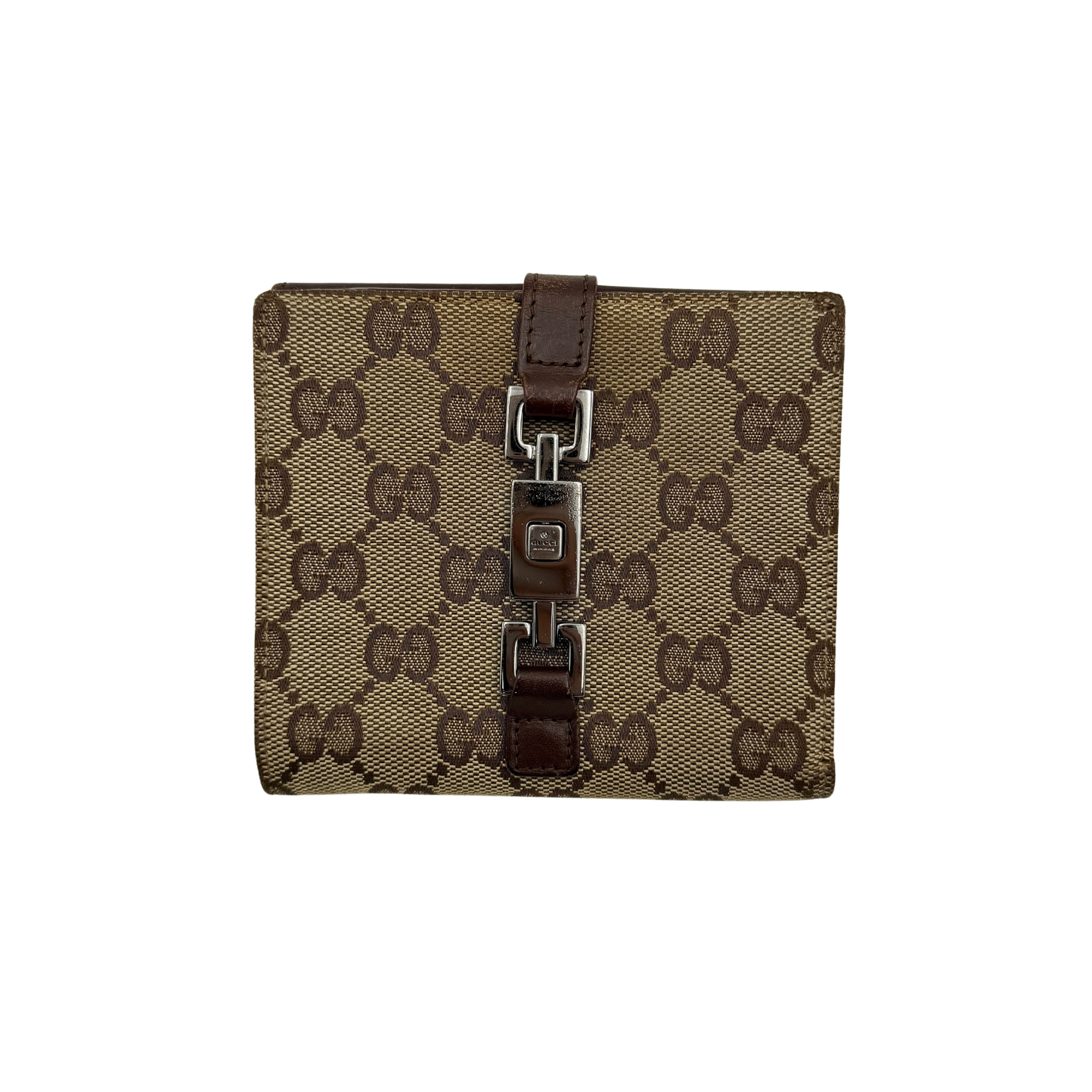 Gucci GG Monogram Jackie Wallet in beige and brown featuring GG pattern with leather trim and clasp closure