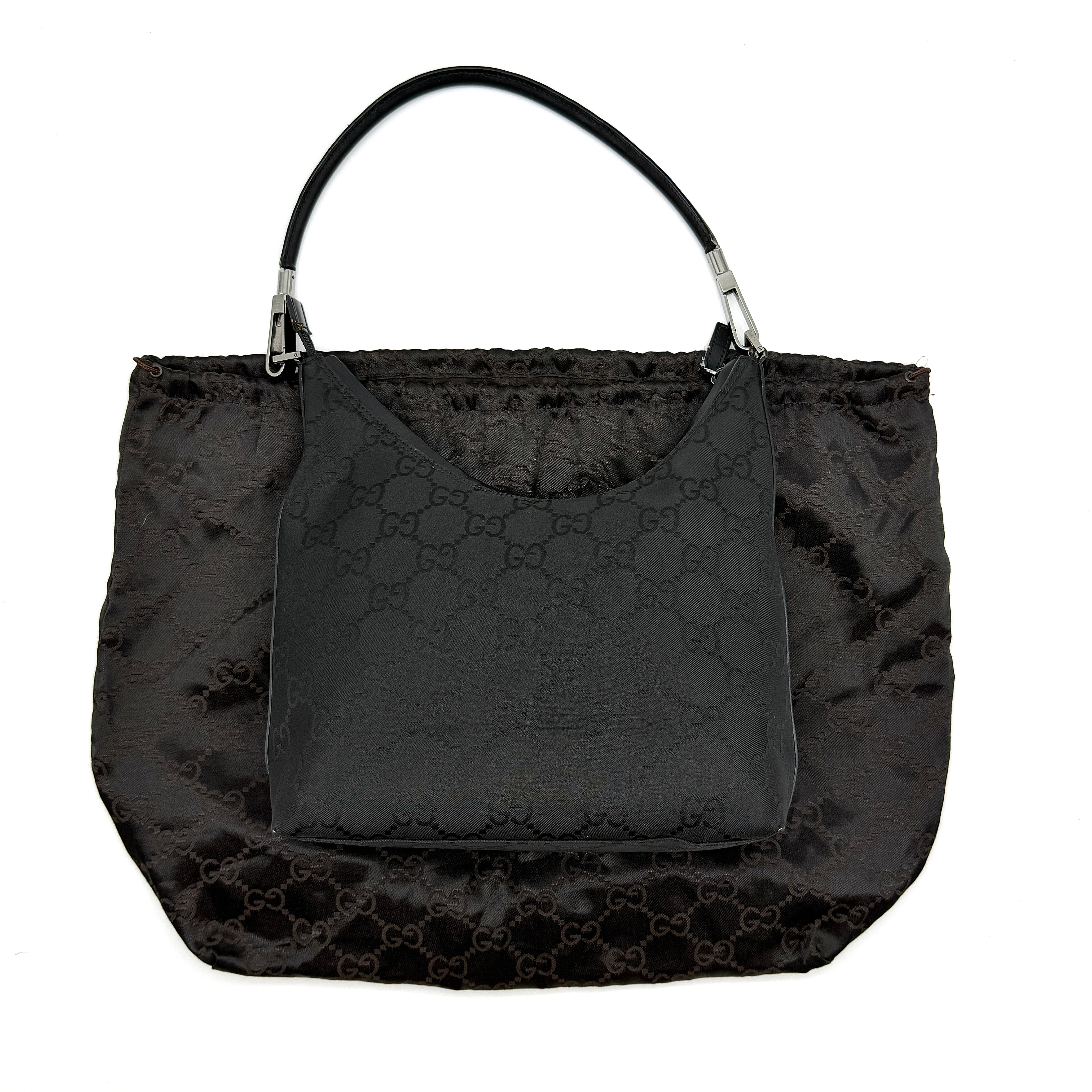 Gucci GG Monogram Nylon Shoulder Bag in black nylon with leather trim, silver-tone hardware, and original dust bag.