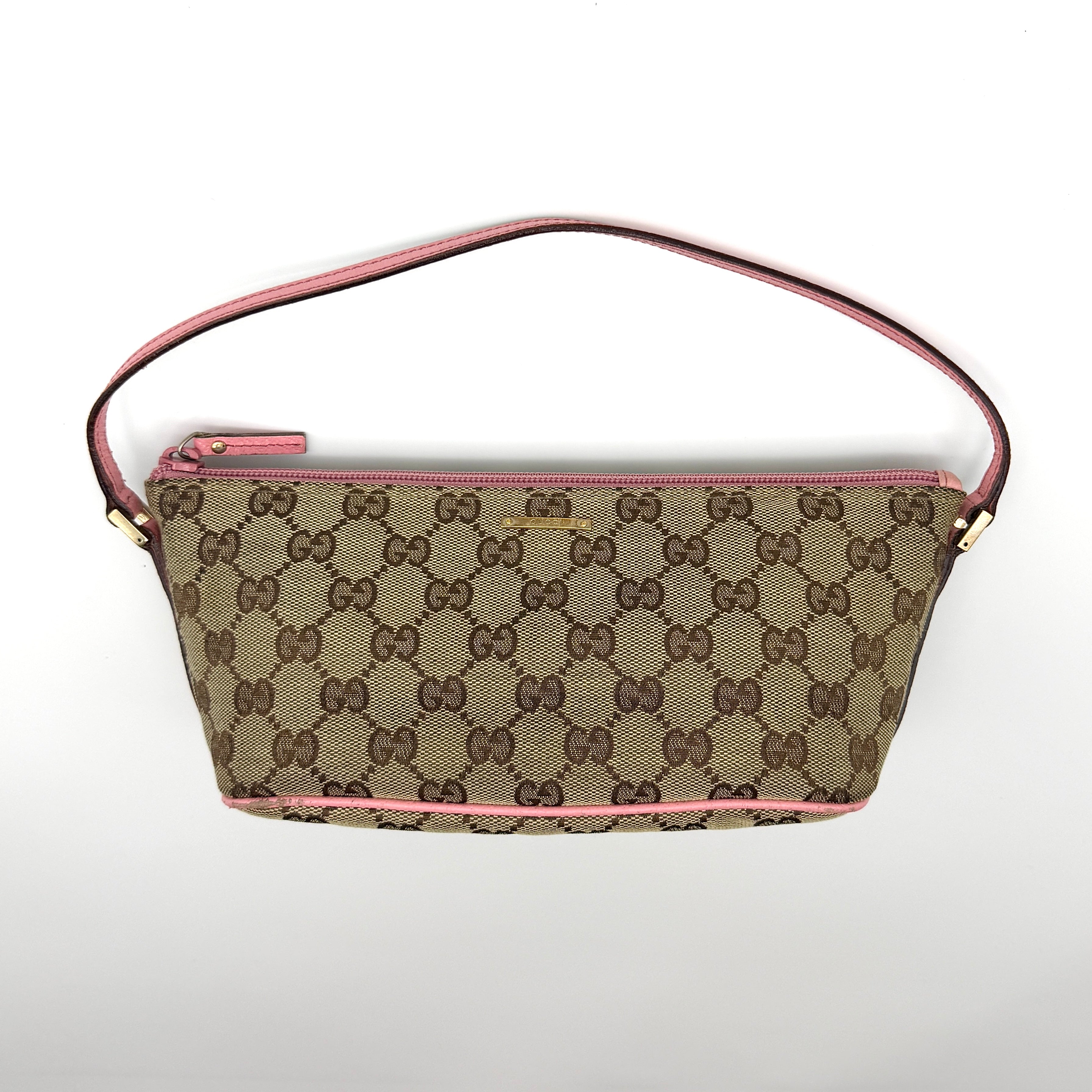 Gucci GG Monogram Pochette Boat Shoulder Bag Beige/Pink, crafted from GG canvas with pink leather trim and gold-tone hardware, featuring a zip closure and shoulder strap.