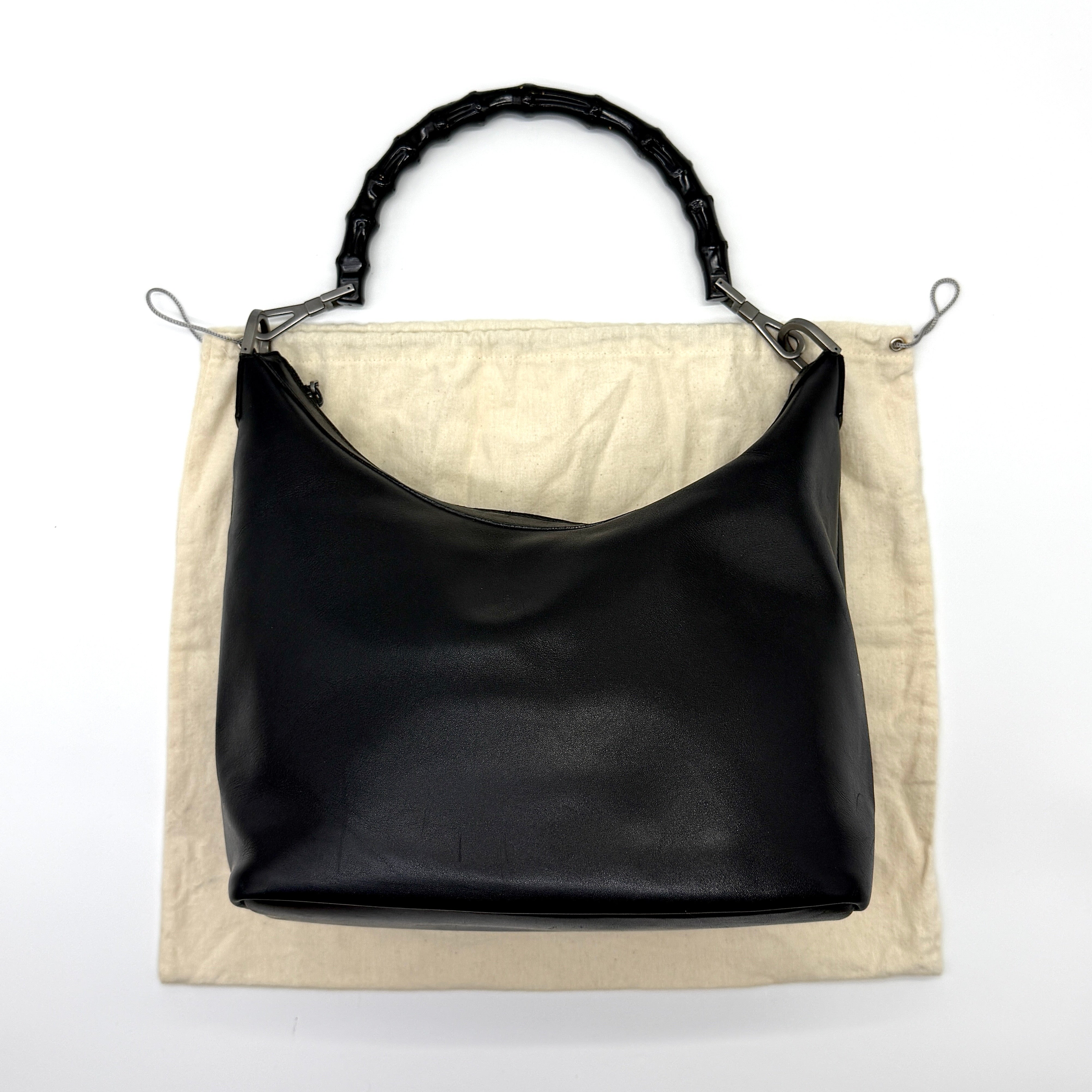 Gucci Hobo Leather Bamboo Shoulder Bag in black leather with bamboo handle and silver-tone hardware.