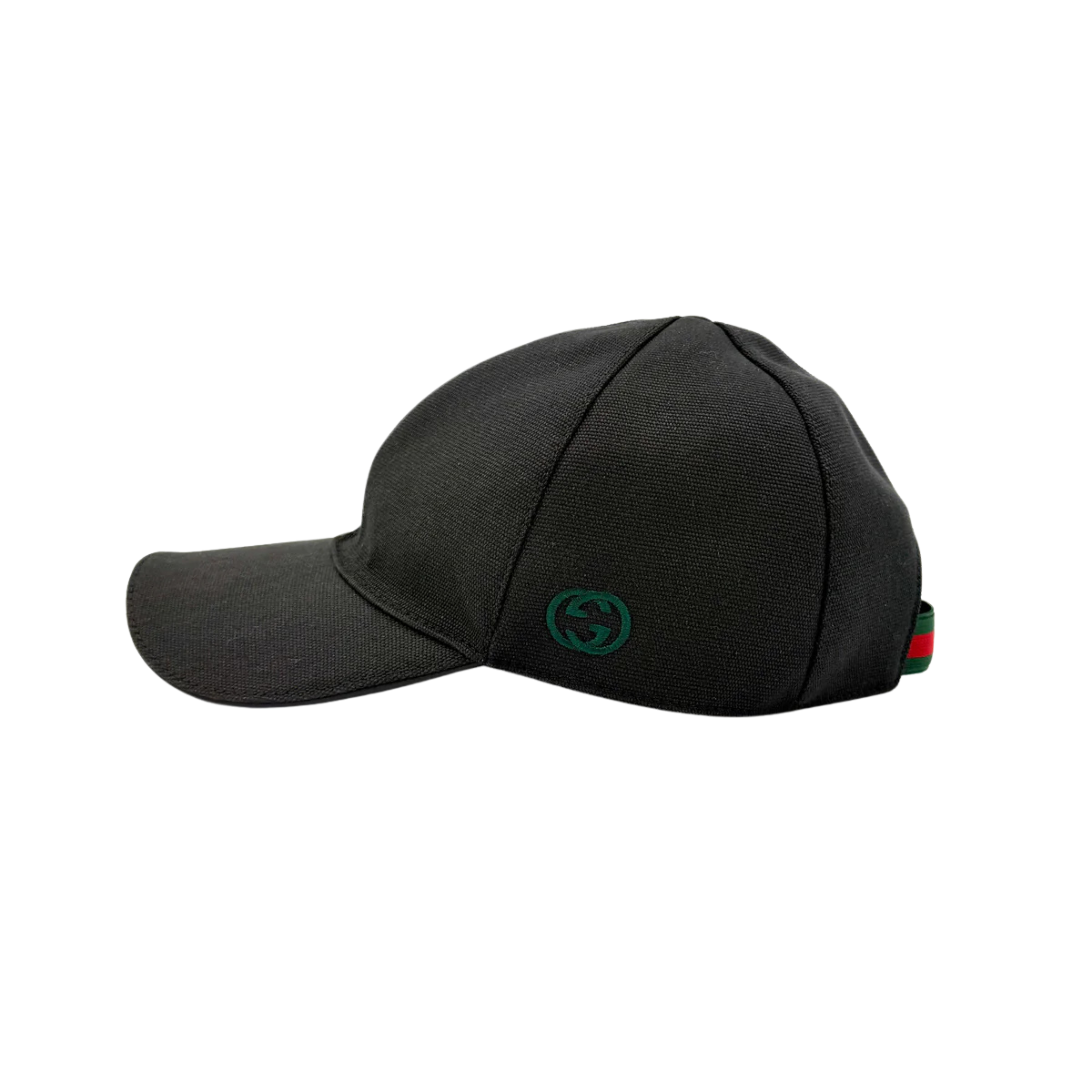 Gucci Interlocking GG Baseball Cap in black featuring embroidered GG logo and signature green-red-green web detail at the back.