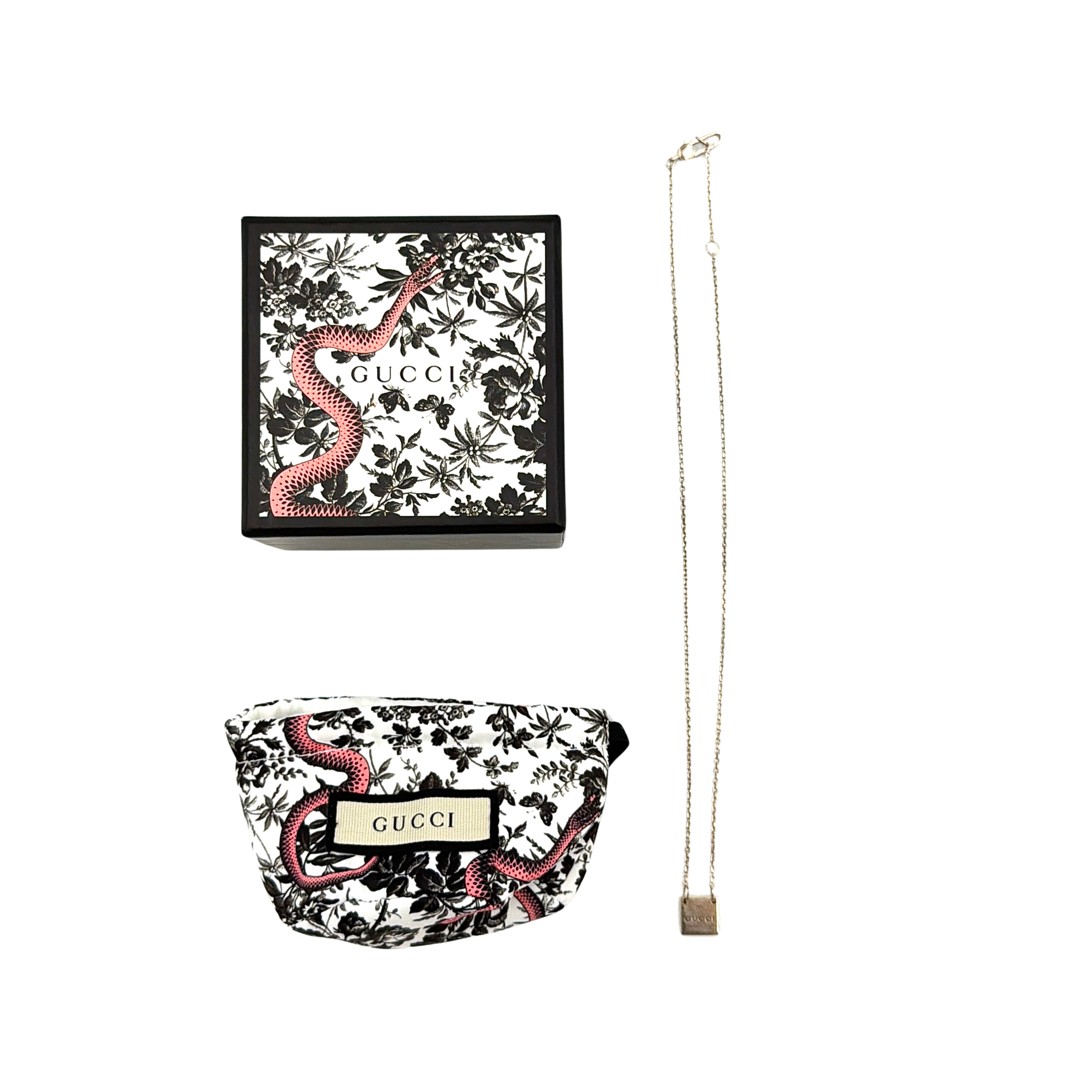 Gucci silver square plate pendant necklace, shown with Gucci box and pouch and a close-up of the engraved plate charm.