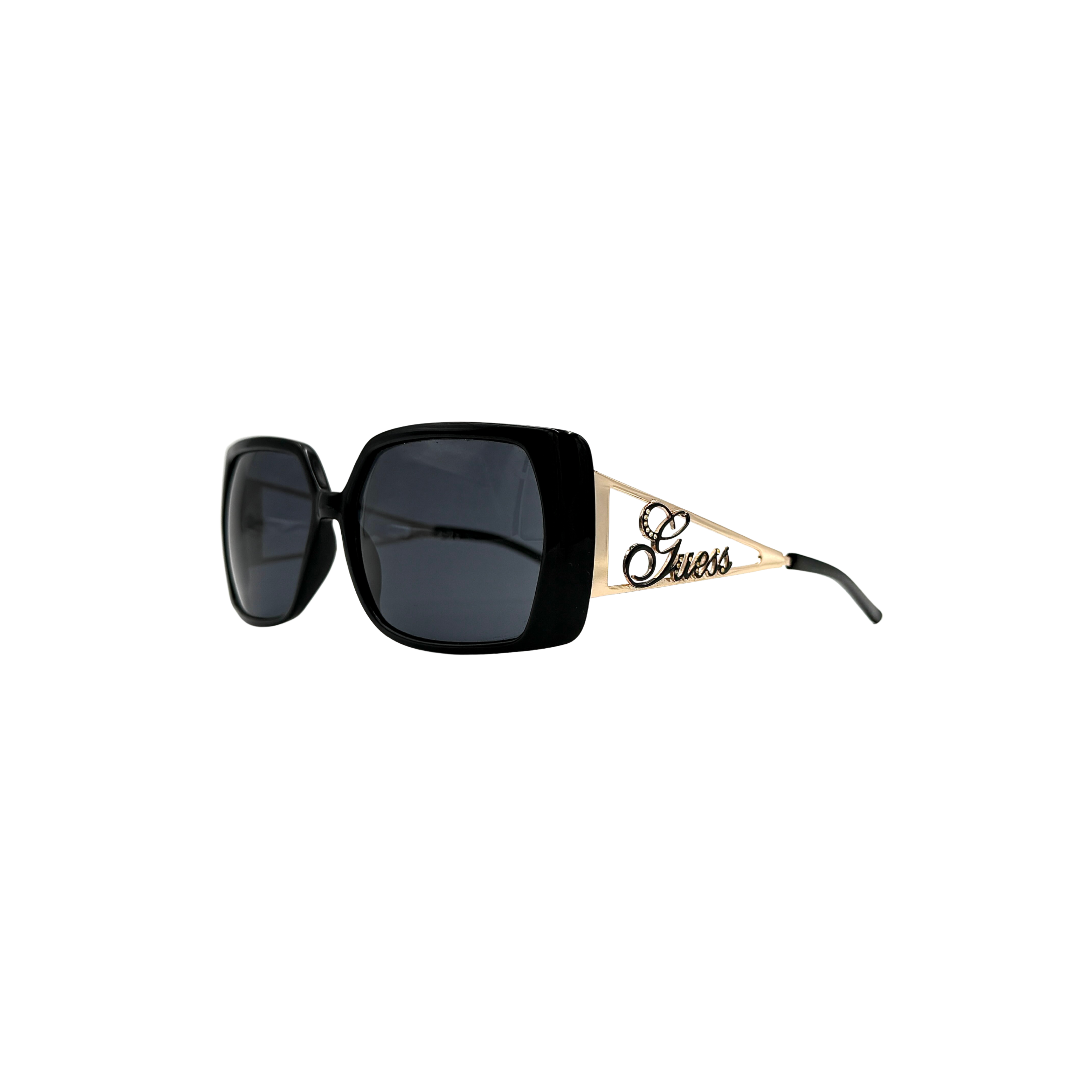Guess GU 6295 BE-24 sunglasses in black with gold-tone Guess logo temple detail and dark tinted lenses, shown with original Guess case and pouch.