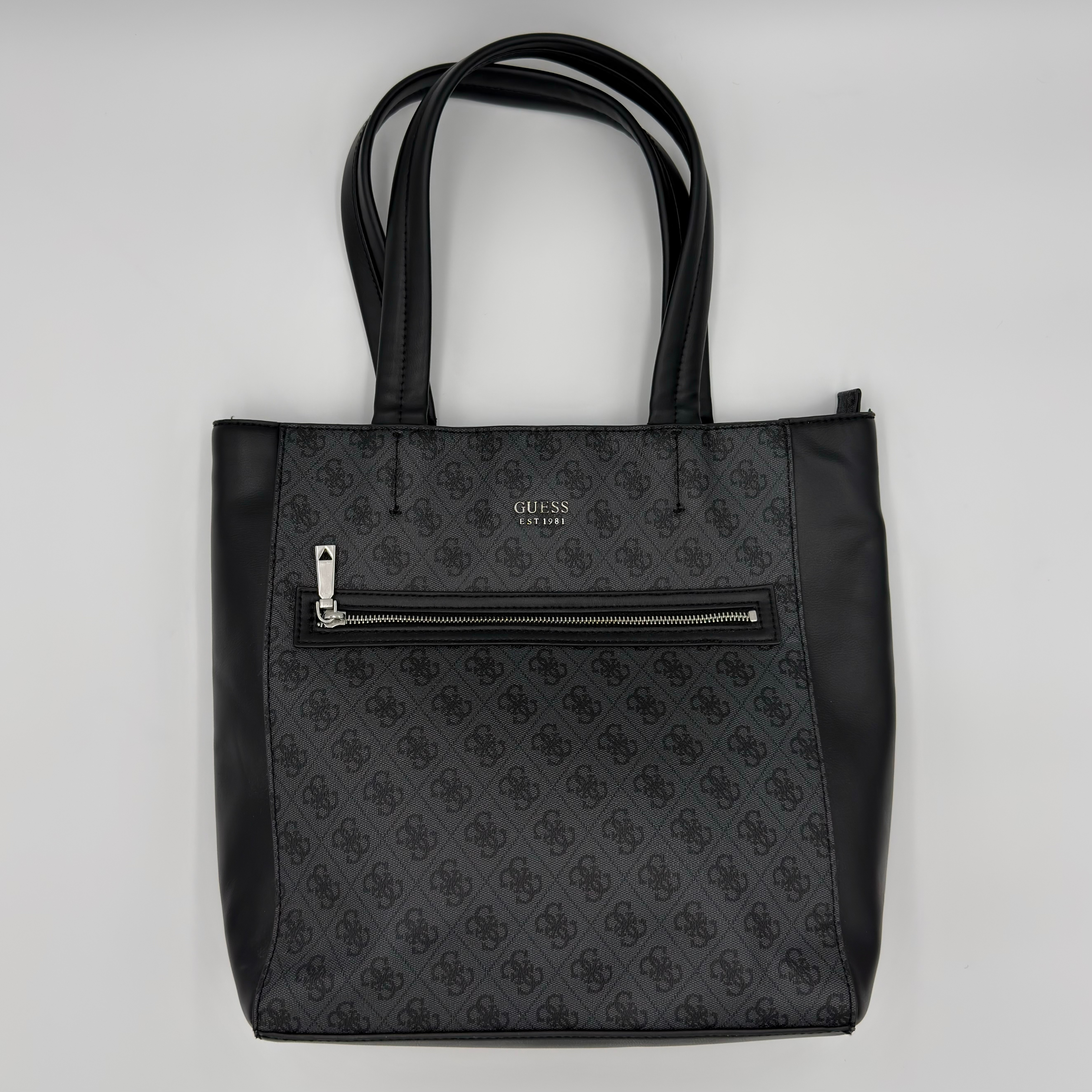Guess Monogram Tote Bag Black, crafted from signature monogram coated canvas with silver-tone hardware and dual handles.