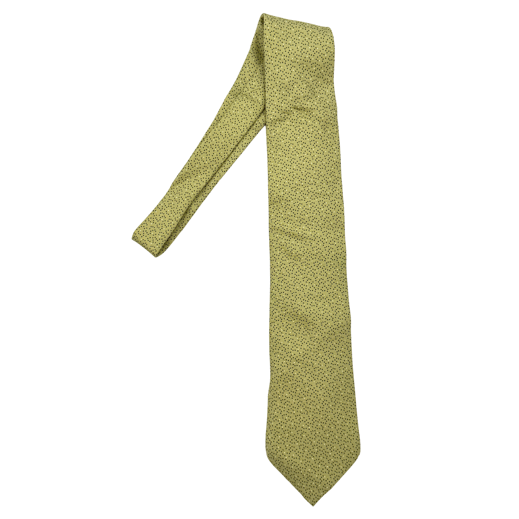 Hermès green silk tie with polka dot pattern, elegant design, and Hermès label, showcasing a classic look