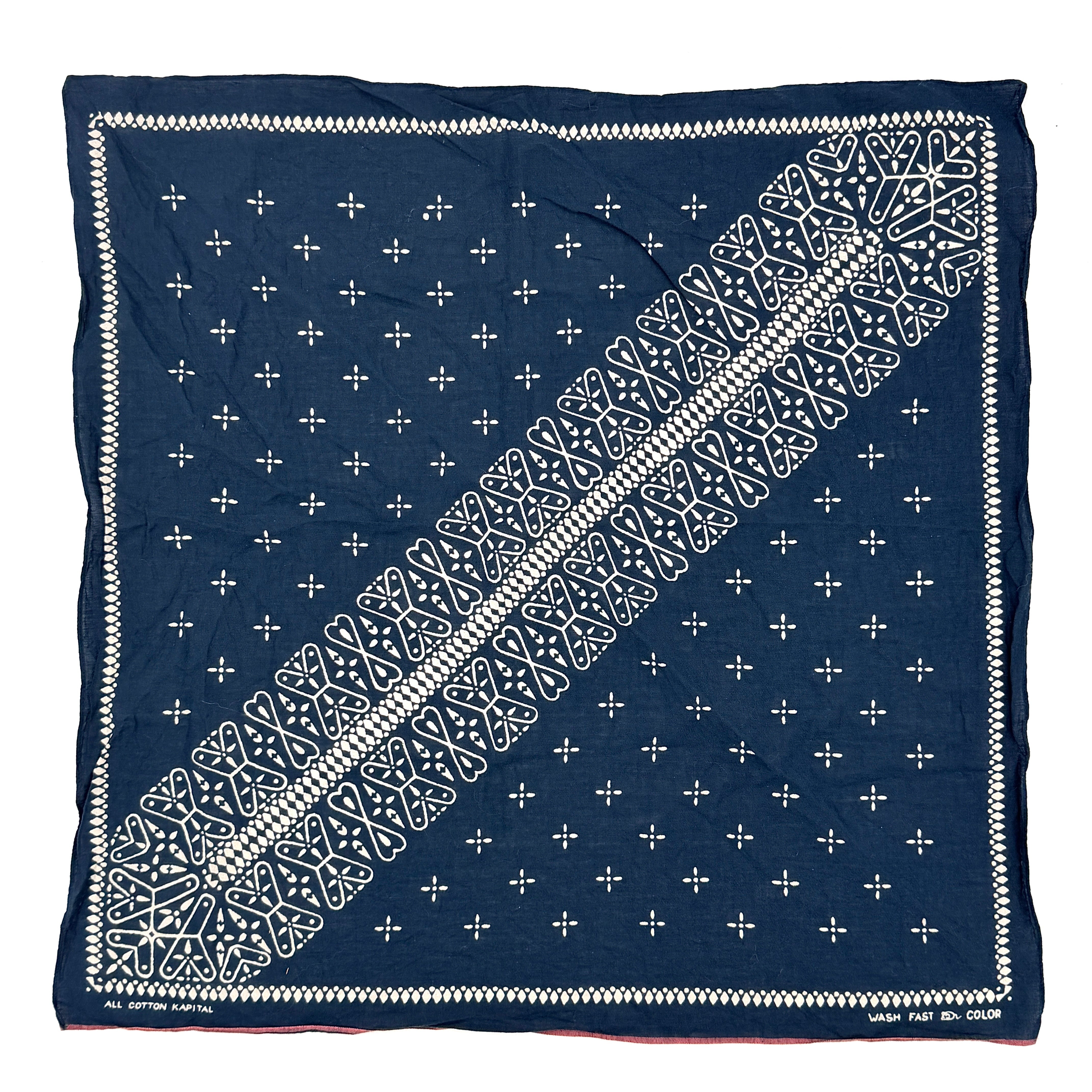 Kapital Fastcolor Selvedge Dragonfly Bandana in navy cotton, featuring intricate dragonfly and geometric prints with selvedge edges, pre-loved luxury accessory from Elevated Studios.