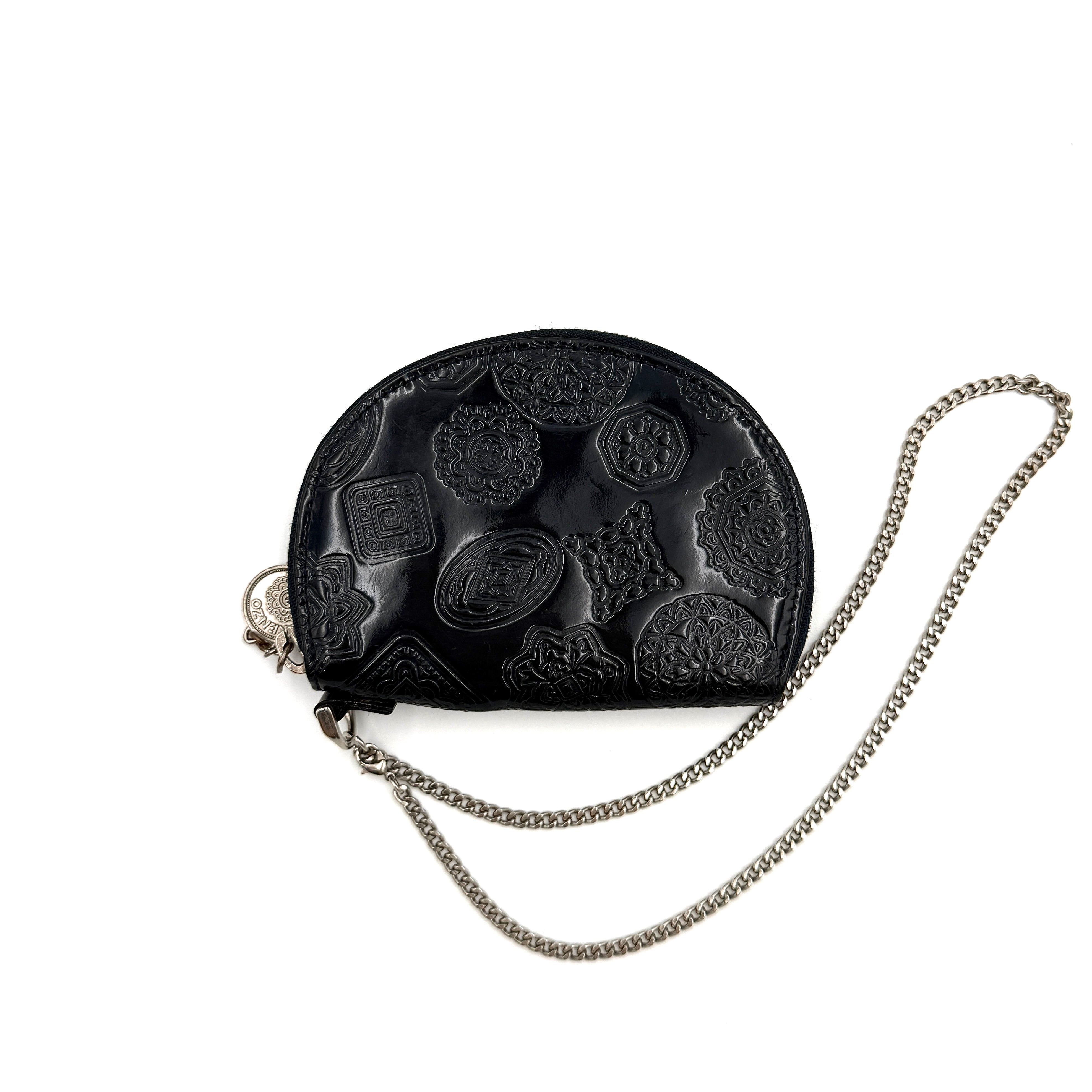 Kenzo black embossed leather coin purse pouch with chain, showcasing a sleek silhouette and modern design.
