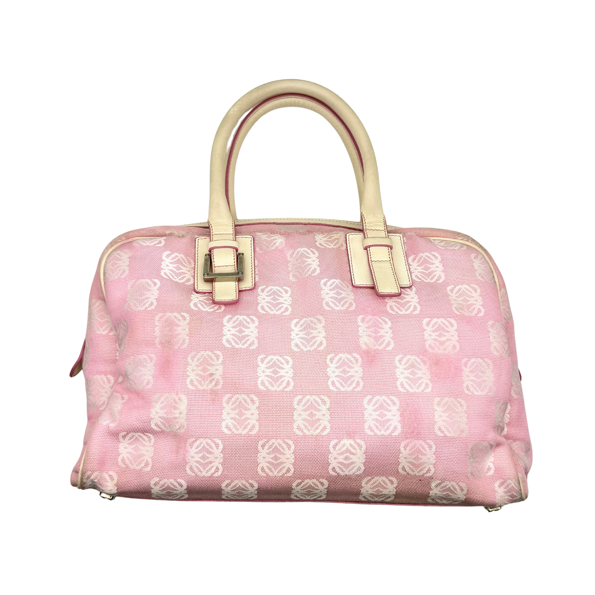 Loewe Anagram Boston bag in pink canvas with white leather top handles and all-over logo pattern
