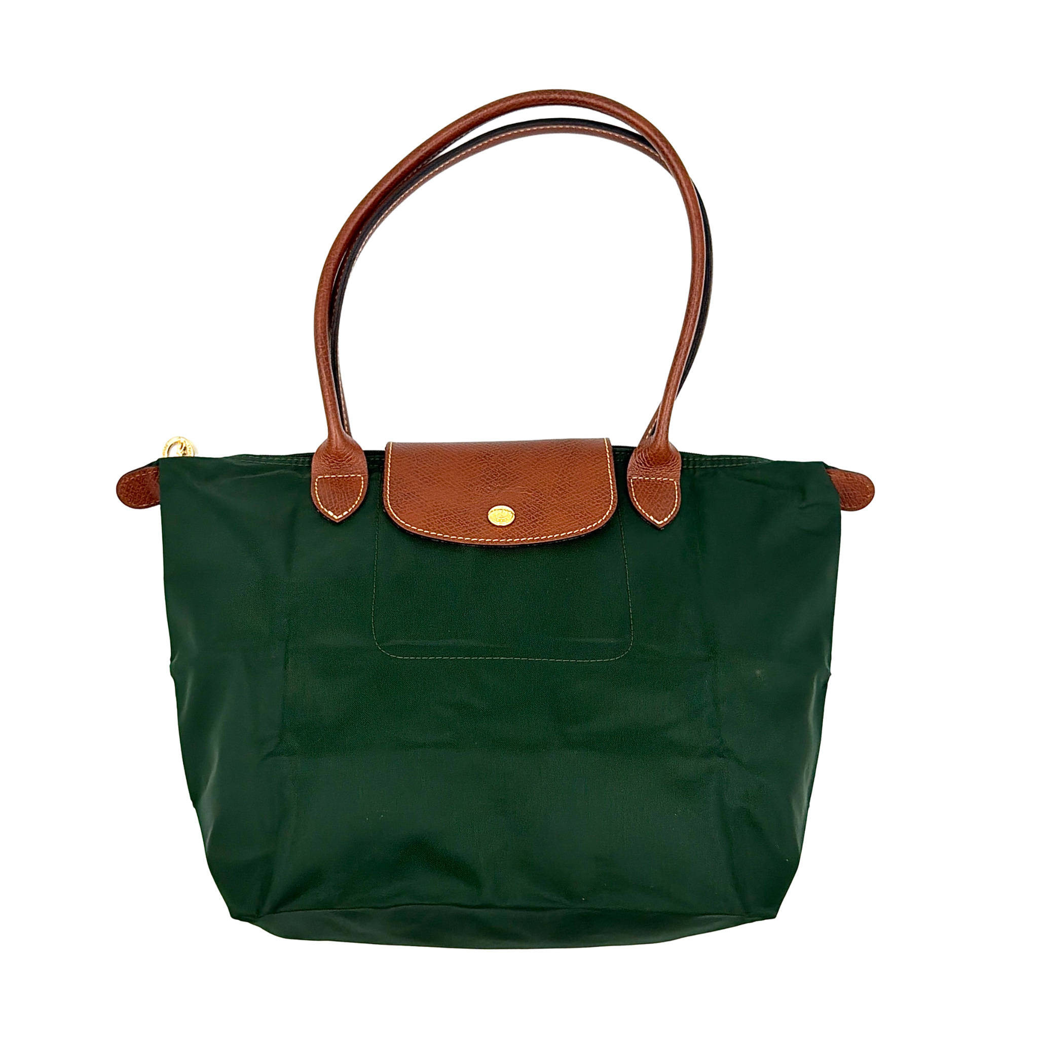 Longchamp Le Pliage Original tote bag in green nylon with brown leather trim, gold-tone hardware, and flap plus zip closure.