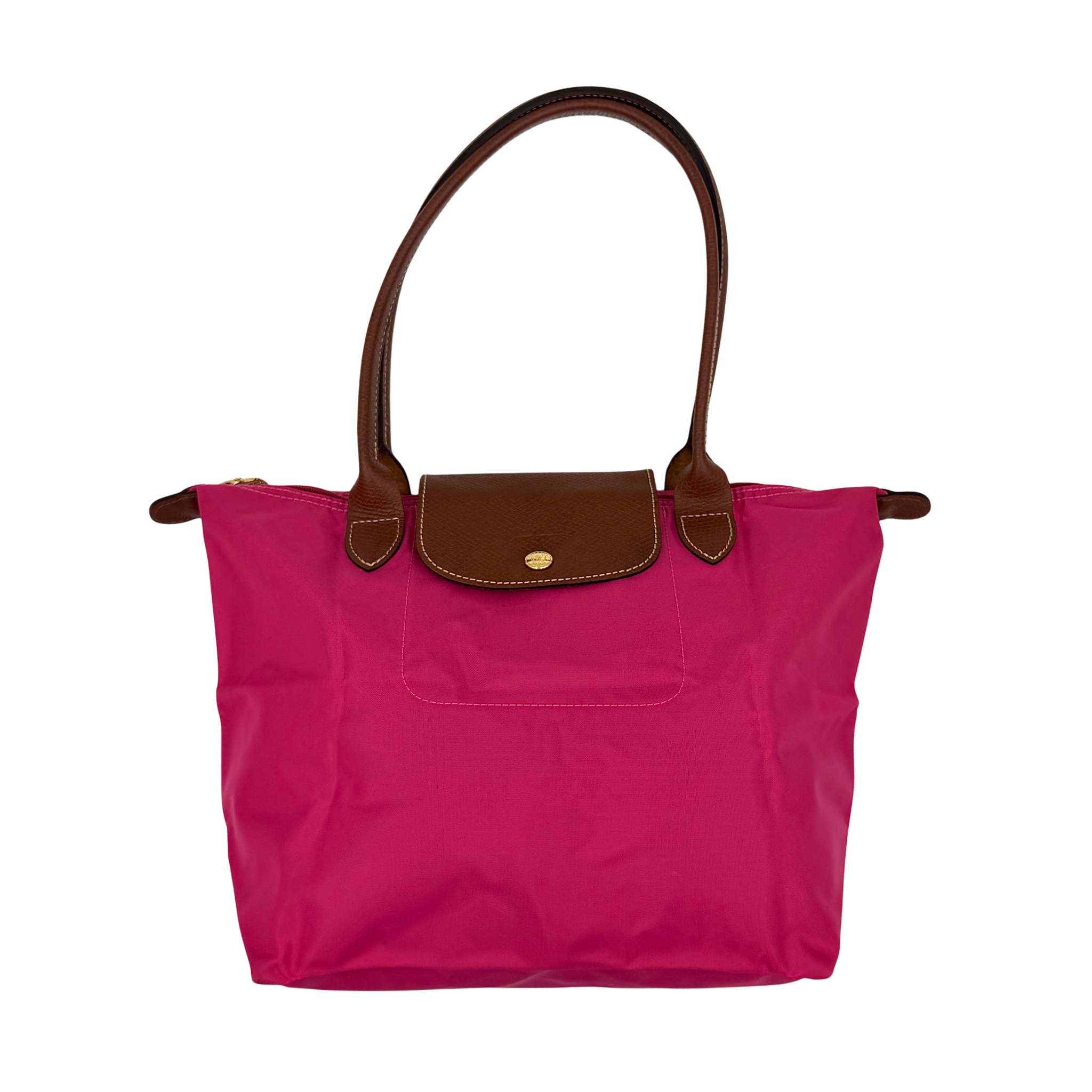 Longchamp Le Pliage Original tote bag in pink nylon with brown leather trim, gold-tone hardware, and foldable design with flap and zip closure.