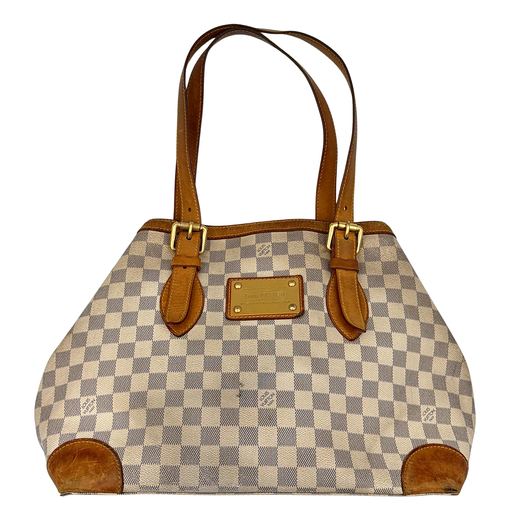Louis Vuitton Damier Azur Hampstead MM tote bag featuring iconic checked canvas, natural leather trim, double shoulder straps with buckle detailing, and gold-tone hardware.