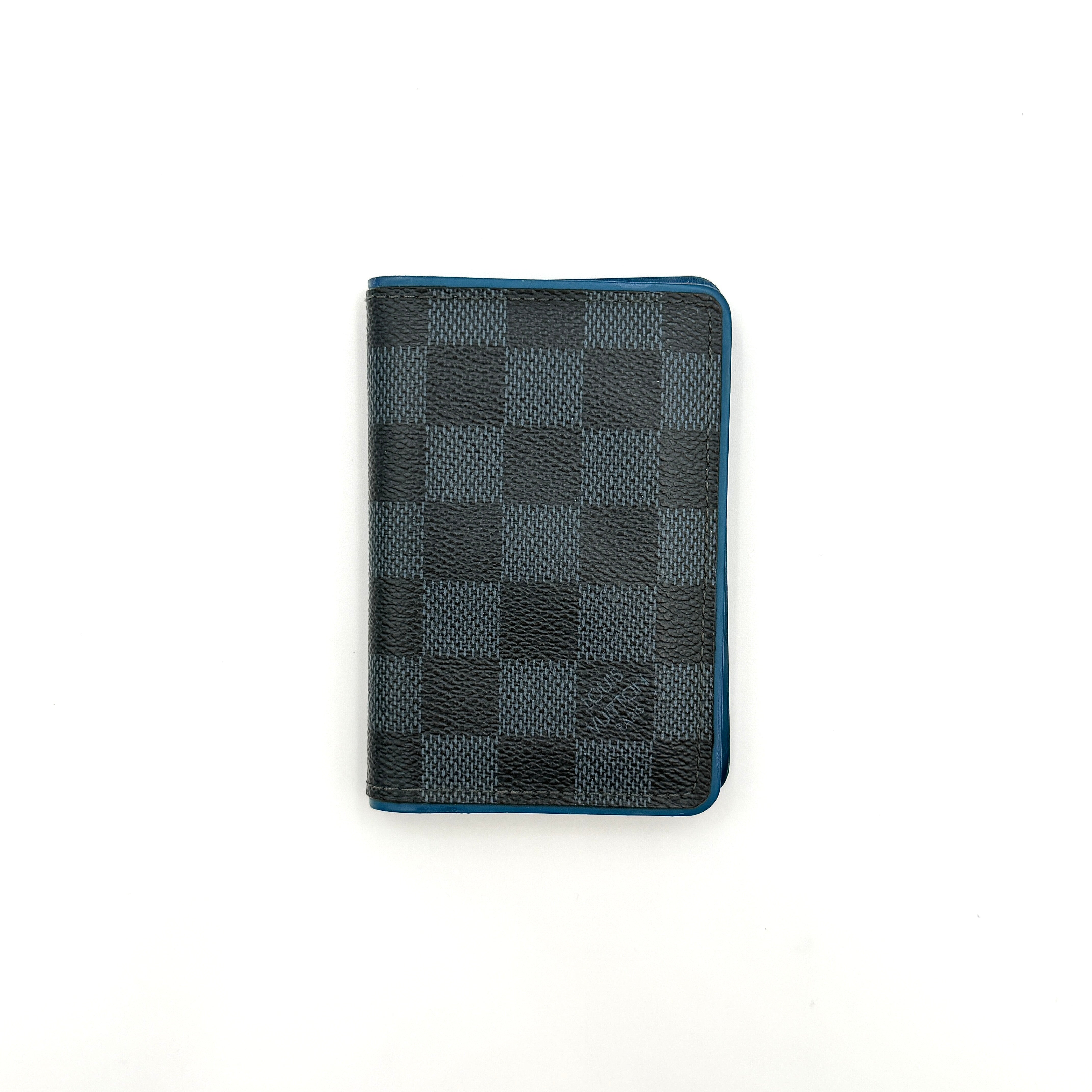 Louis Vuitton Damier Graphite pocket organiser in black and grey canvas with blue leather trim and card slots.