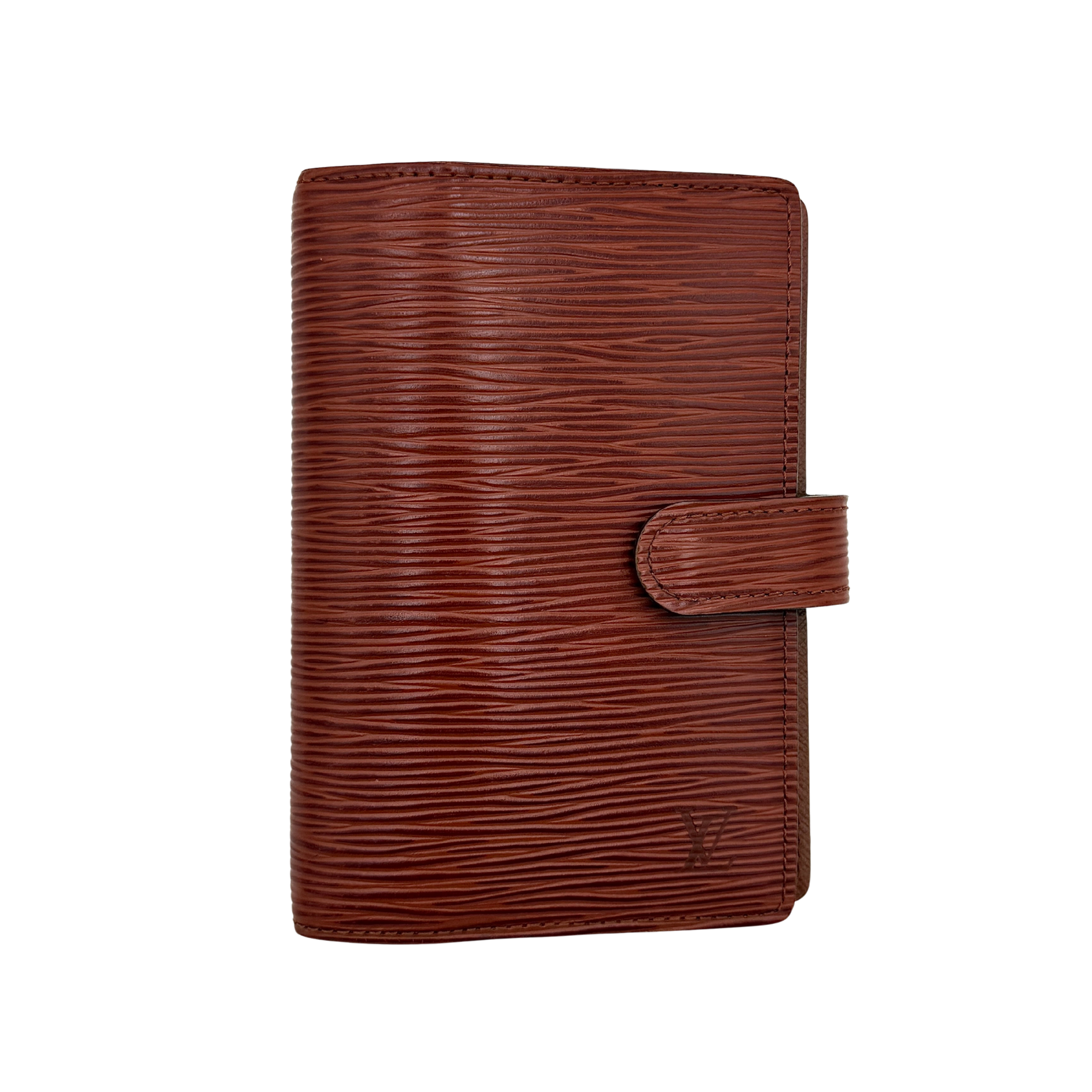 Louis Vuitton Epi Agenda PM day planner cover in brown textured epi leather featuring snap-tab closure and ring-binder organiser interior with card slots.