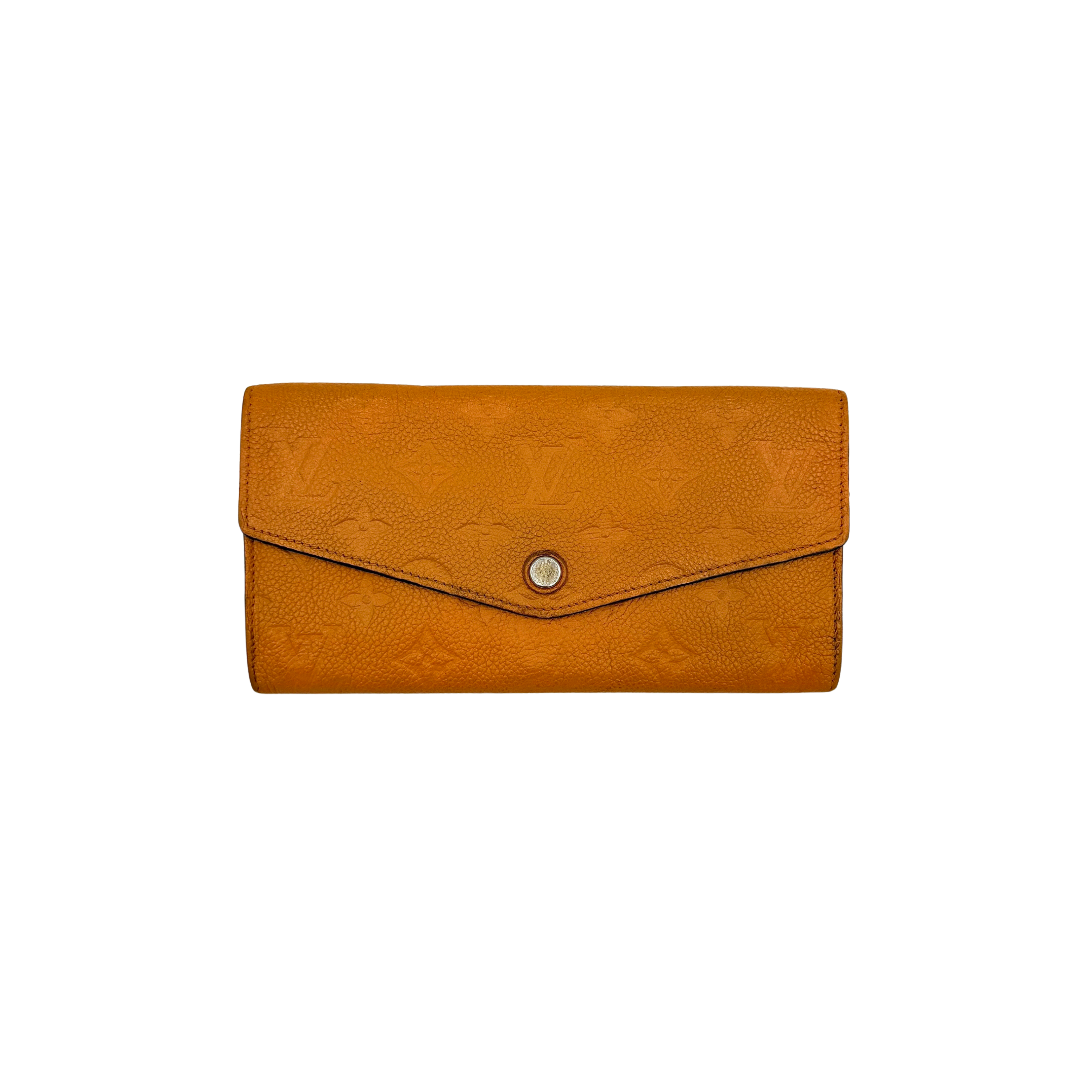 Louis Vuitton Monogram Empreinte Sarah Wallet in vibrant yellow with embossed pattern and snap closure.