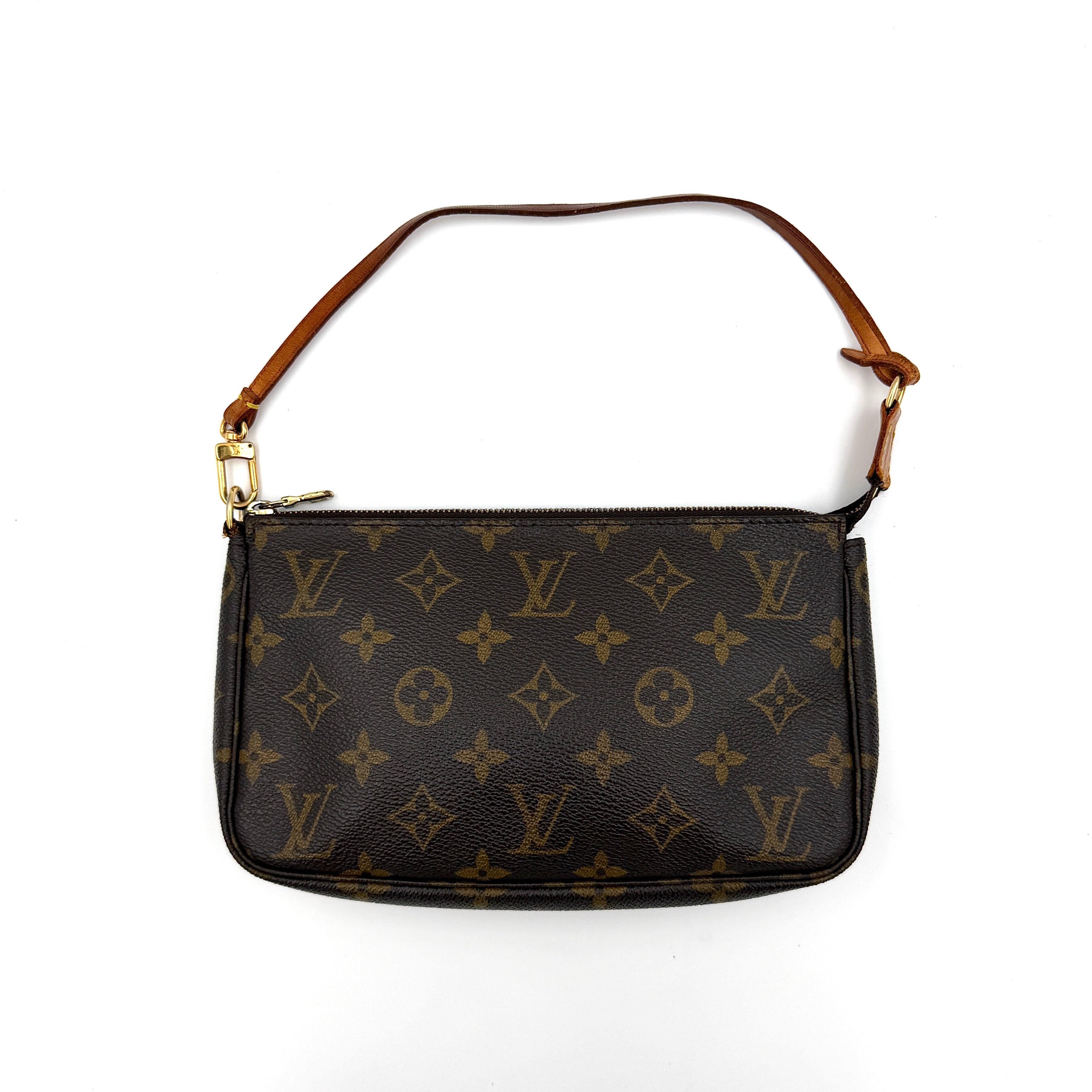 Louis Vuitton Monogram Pochette Shoulder Bag with brown monogram canvas and vachetta leather strap.