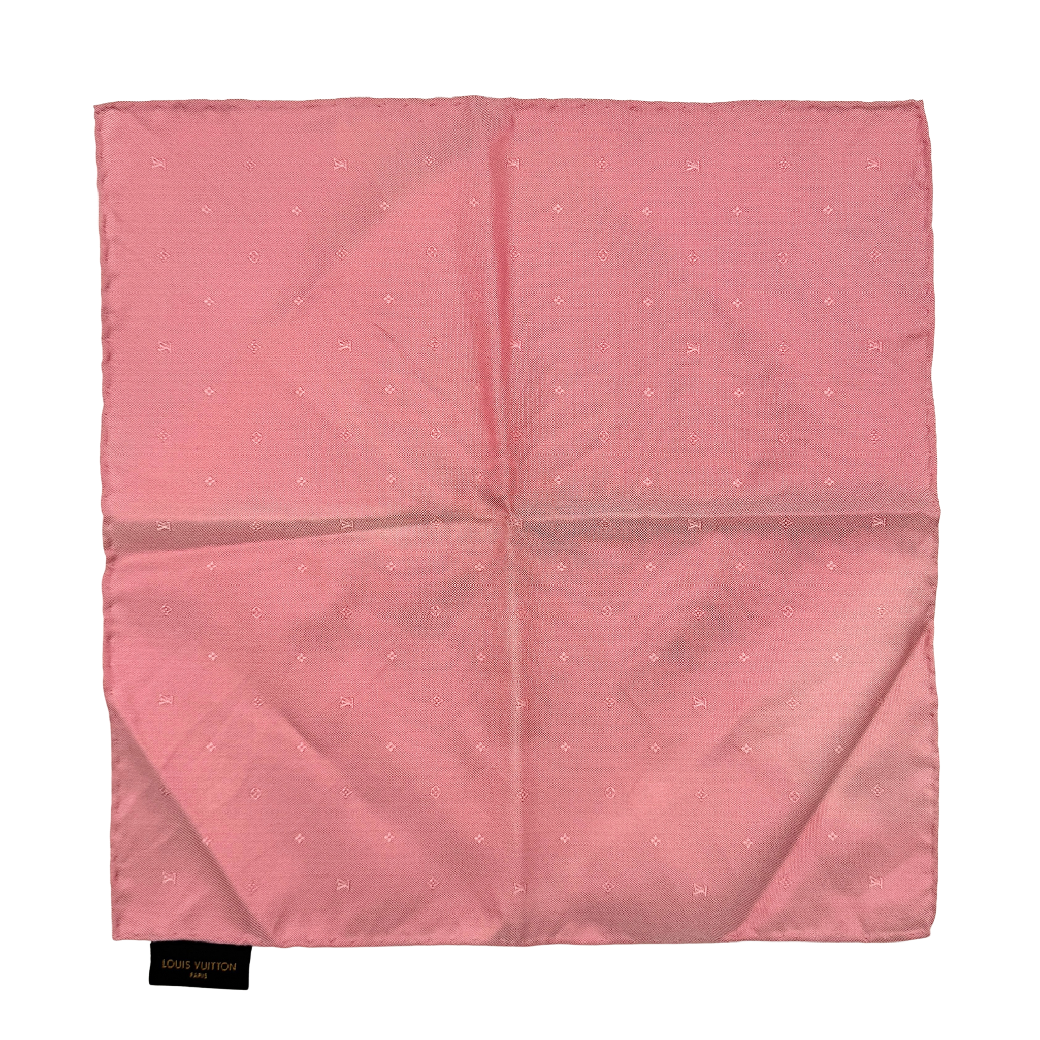 Louis Vuitton monogram silk pocket square in pink featuring a subtle all-over monogram pattern and clean square silhouette.