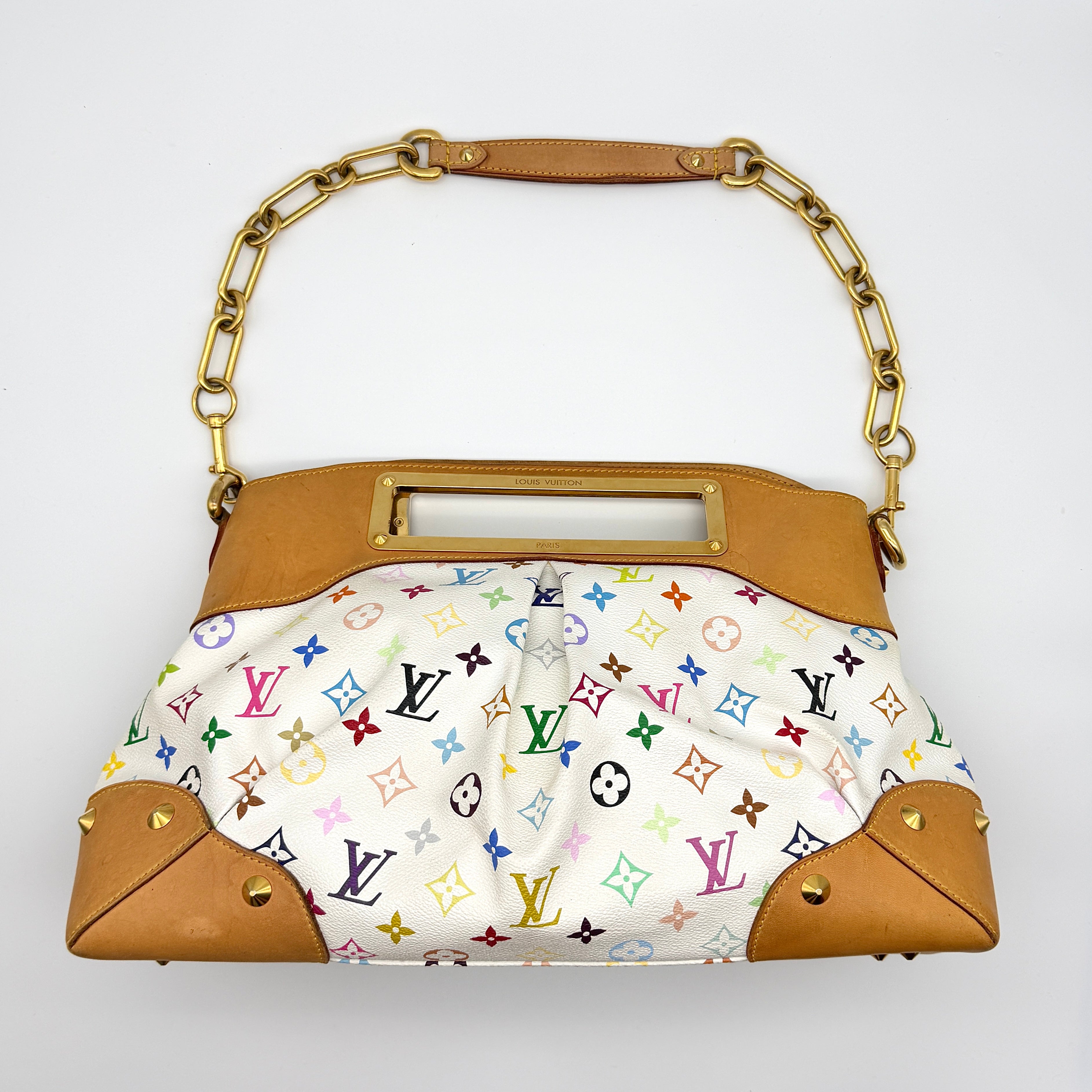 Louis Vuitton Murakami Monogram Judy MM Shoulder Bag in white multicolor canvas with gold chain strap and vachetta leather trim.