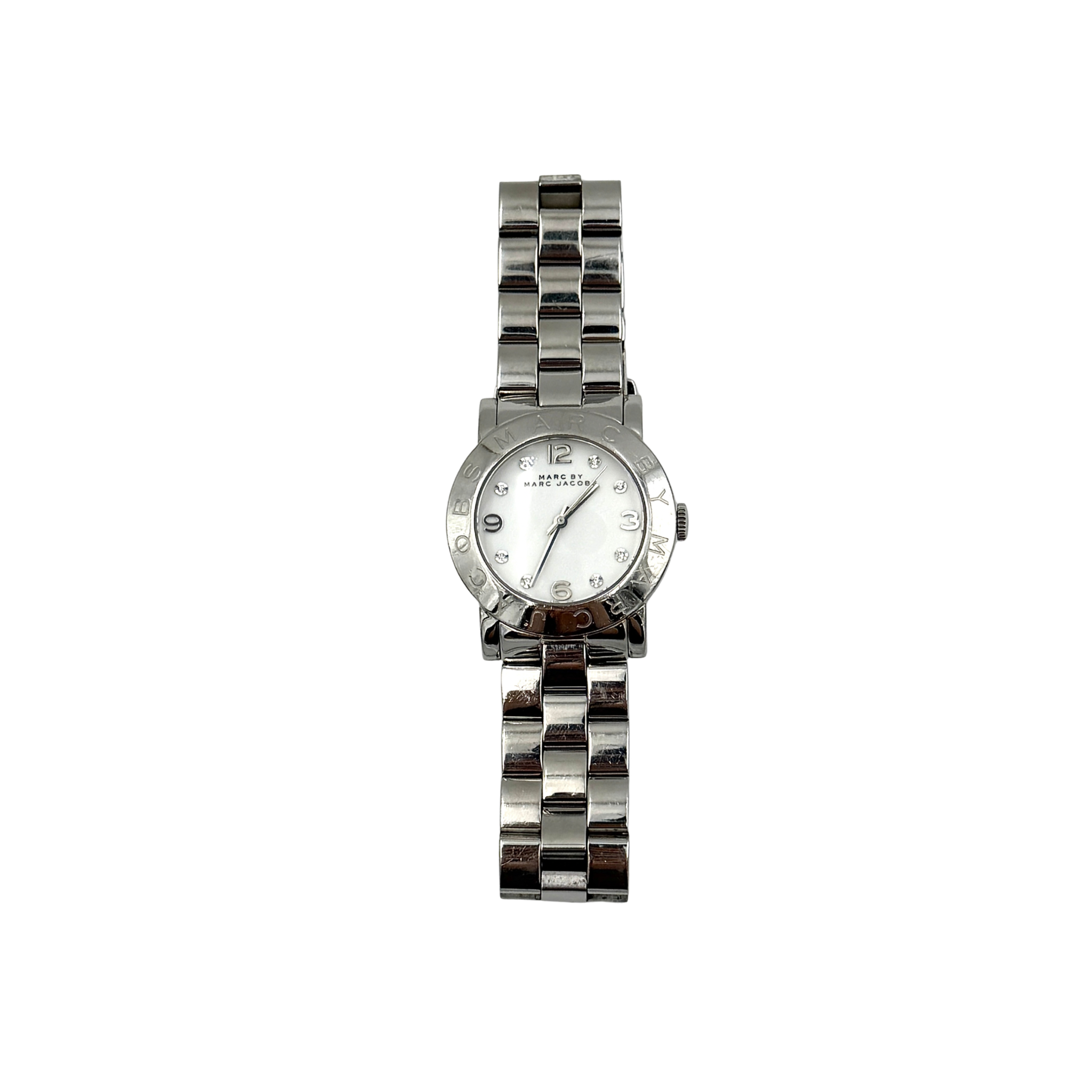 Marc Jacobs Amy watch featuring a white dial, stainless steel bracelet, and minimalist detailing