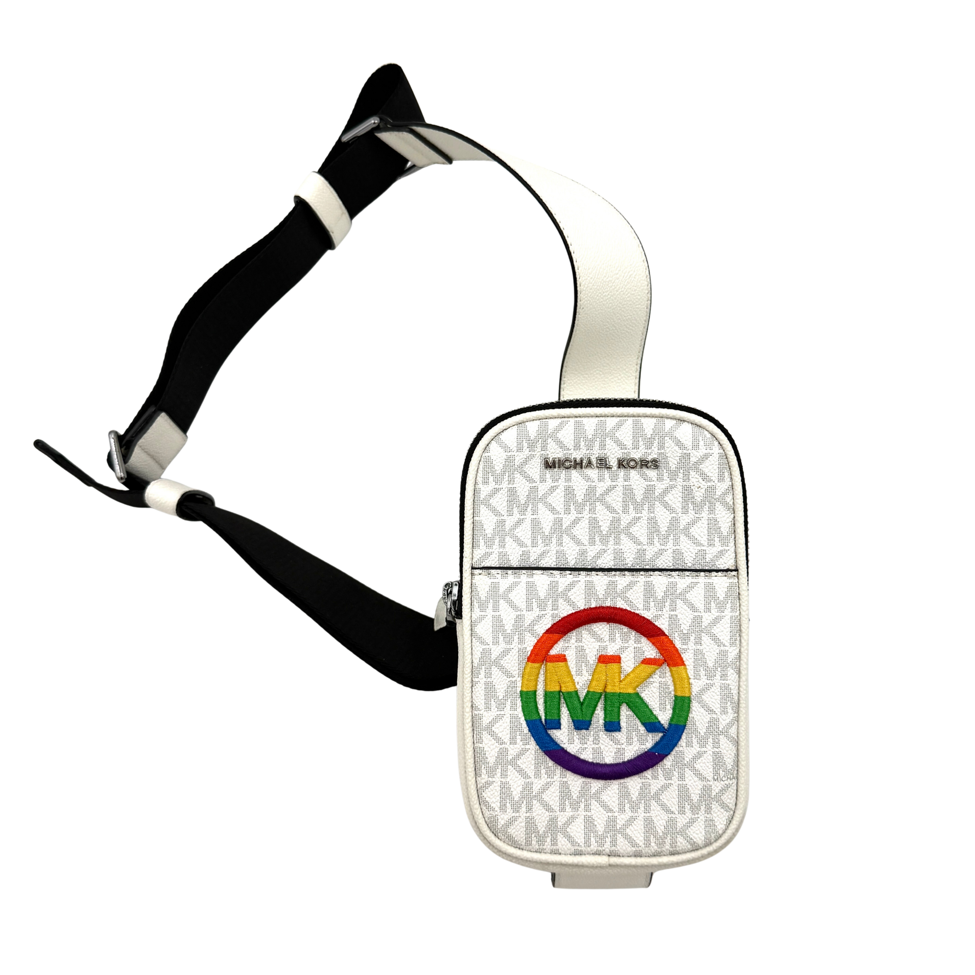 Michael Kors Pride Hudson embroidered logo crossbody bag with white MK pattern and vibrant rainbow logo embroidery