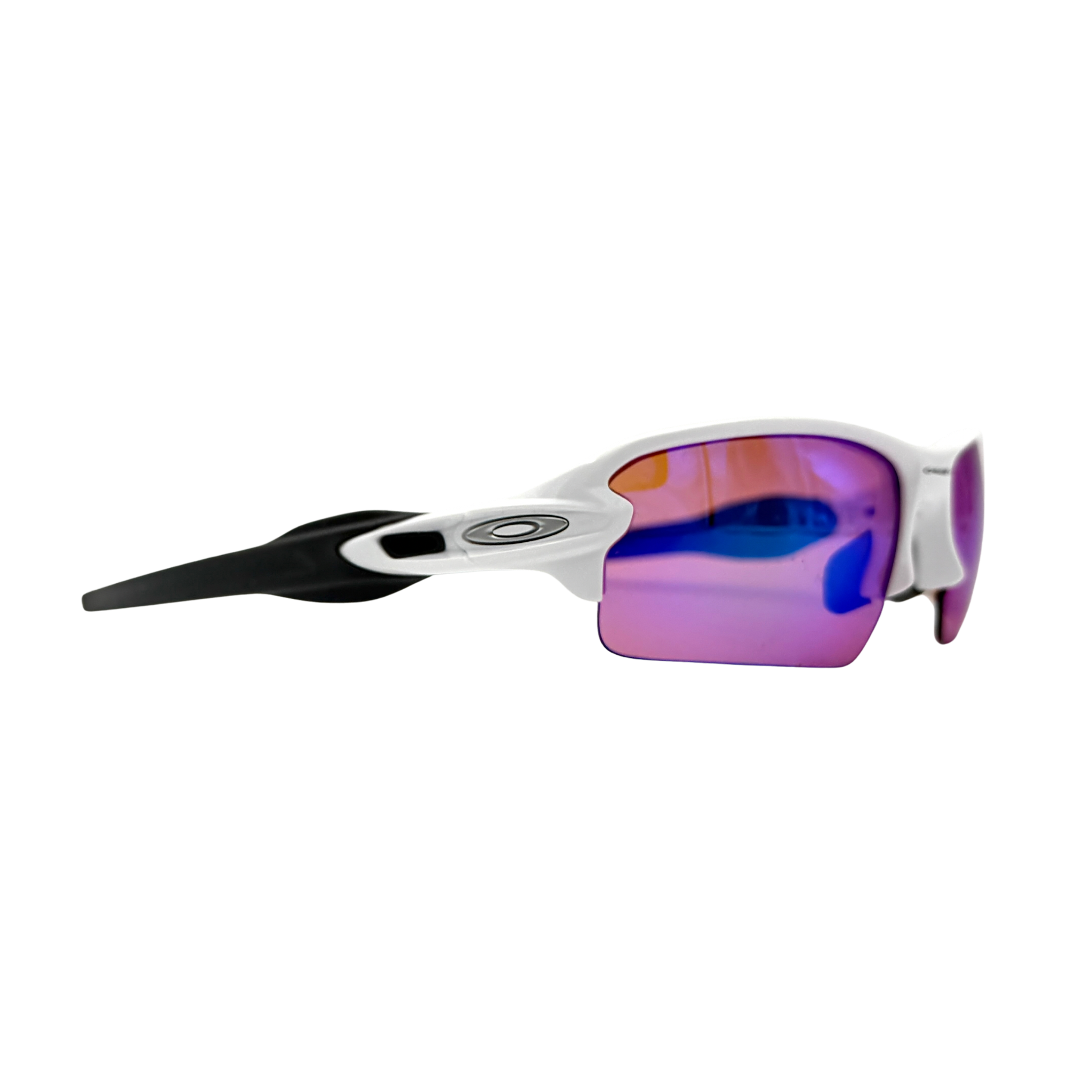 Oakley Flak 2.0 sunglasses with black and white frame and vibrant Prizm lenses, shown with matching case